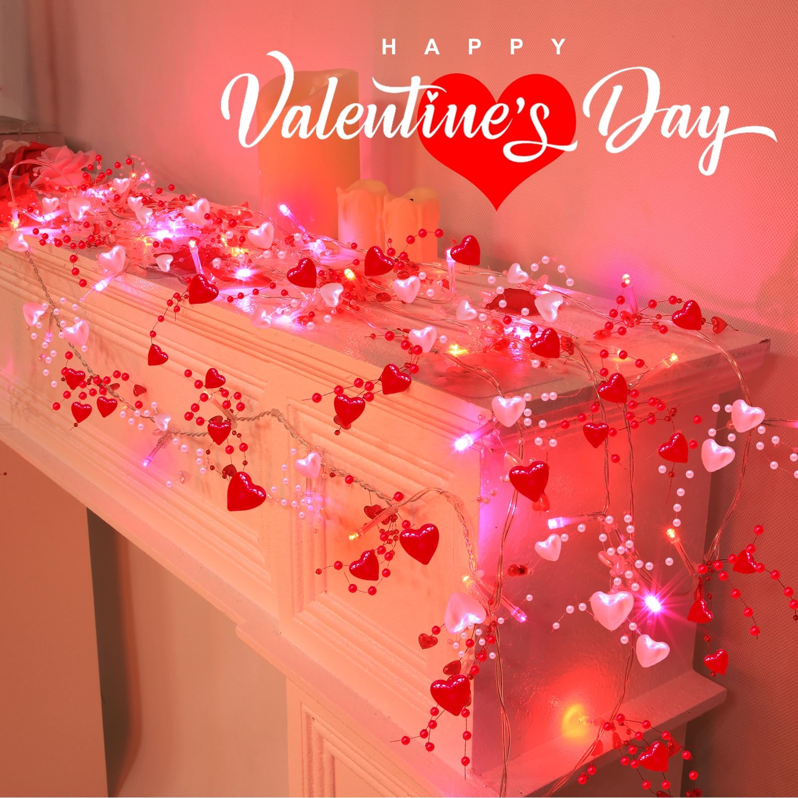 [Timer] 2 Pack Valentines Day Decorations Pink&Red Hearts Lights, Valentines Day Garland with Lights Total 13Ft 40LED Beads Hear