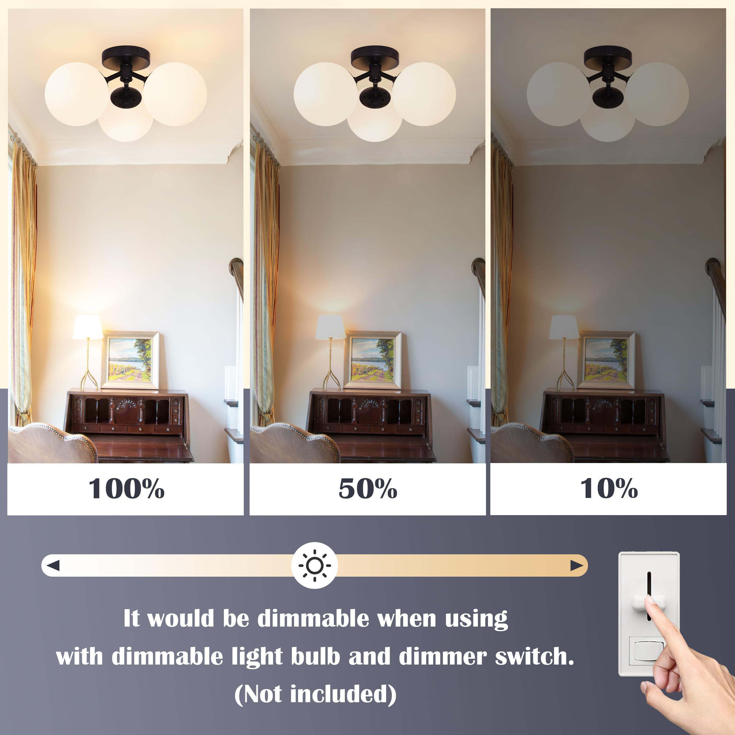 Bagood 3 Light Mid Century Modern Black Semi Flush Mount Ceiling Light Milk Glass Globe Ceiling Lights Black Chandelier 3 Light