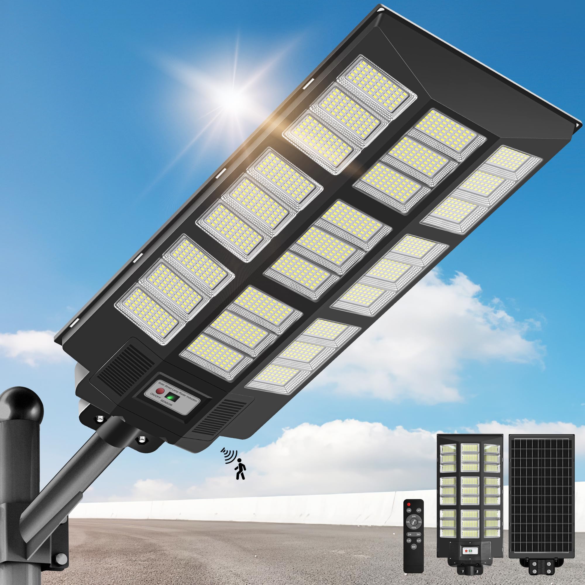 OKPRO Solar Street Light 10000W - Waterproof Motion Sensor, Dusk to Dawn, LED, Black, Model S-1458JY