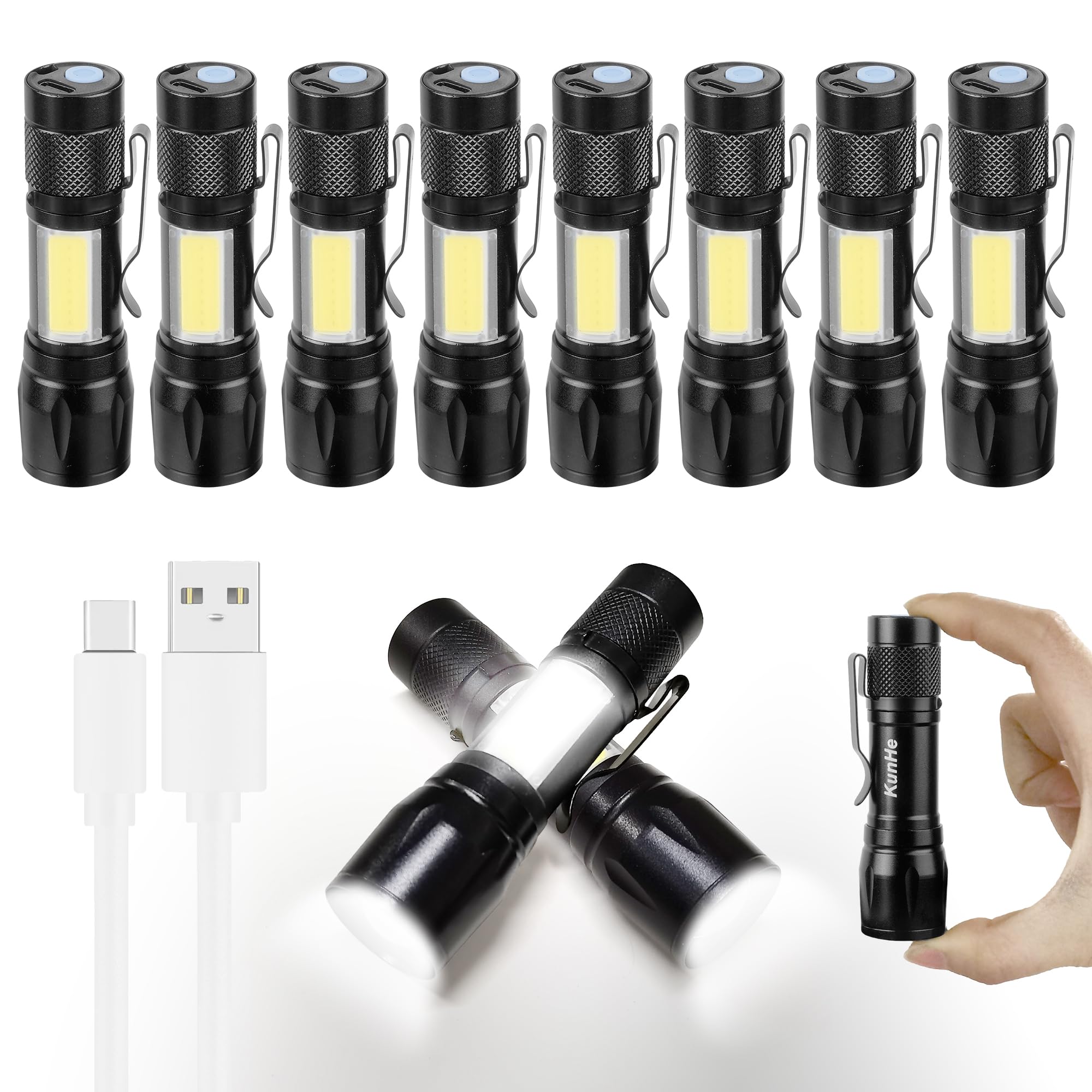 KunHe USB Rechargeable Mini Small LED Flashlights Bulk, Camping Lantern Flashlight, Bright High Lumens EDC Flash Light, 10 Pack