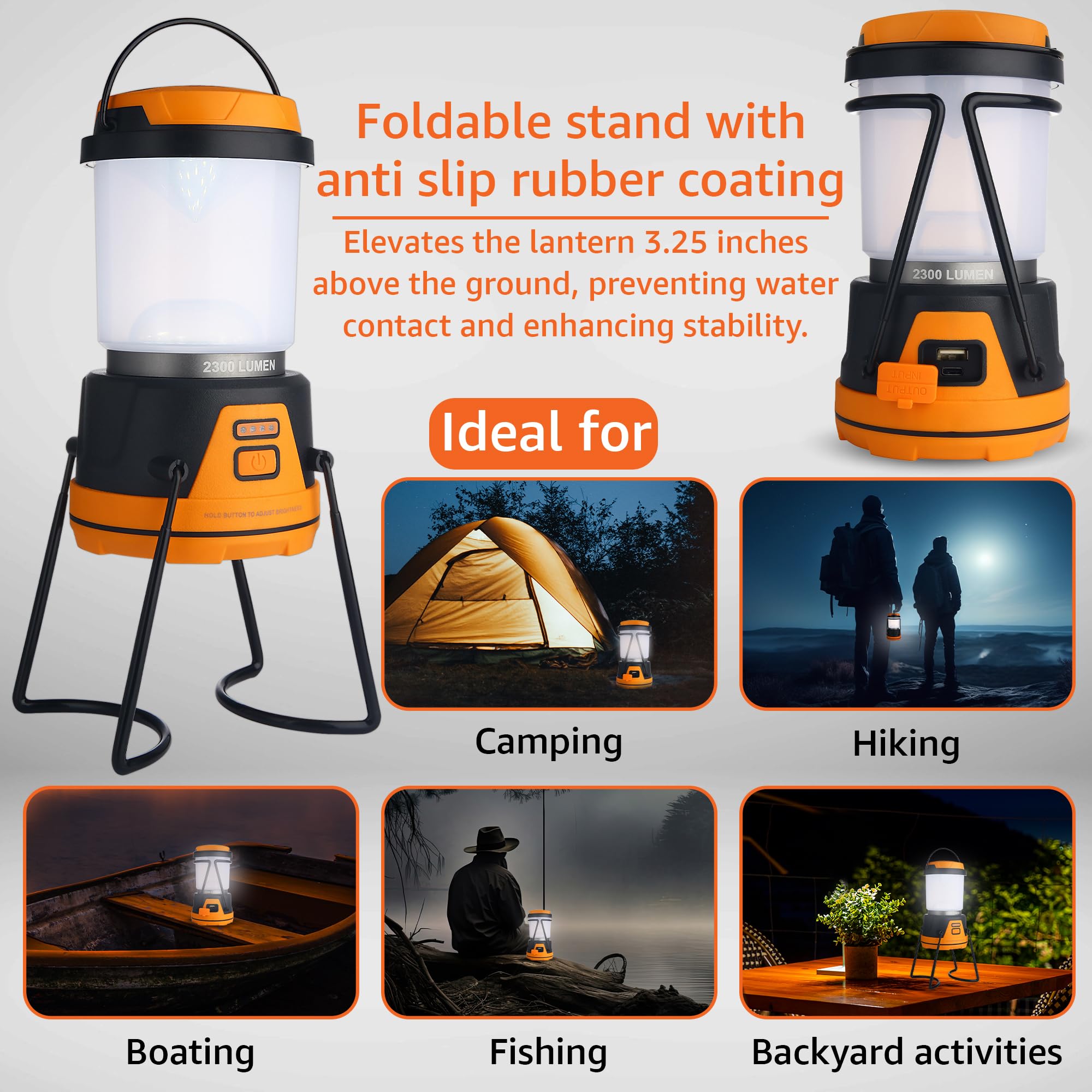 AYL Rechargeable LED Camping Lantern - 2300 Lumens, Waterproof, Black and Orange, Model RESL688, Perfect for Emergencies and Outdoor Use