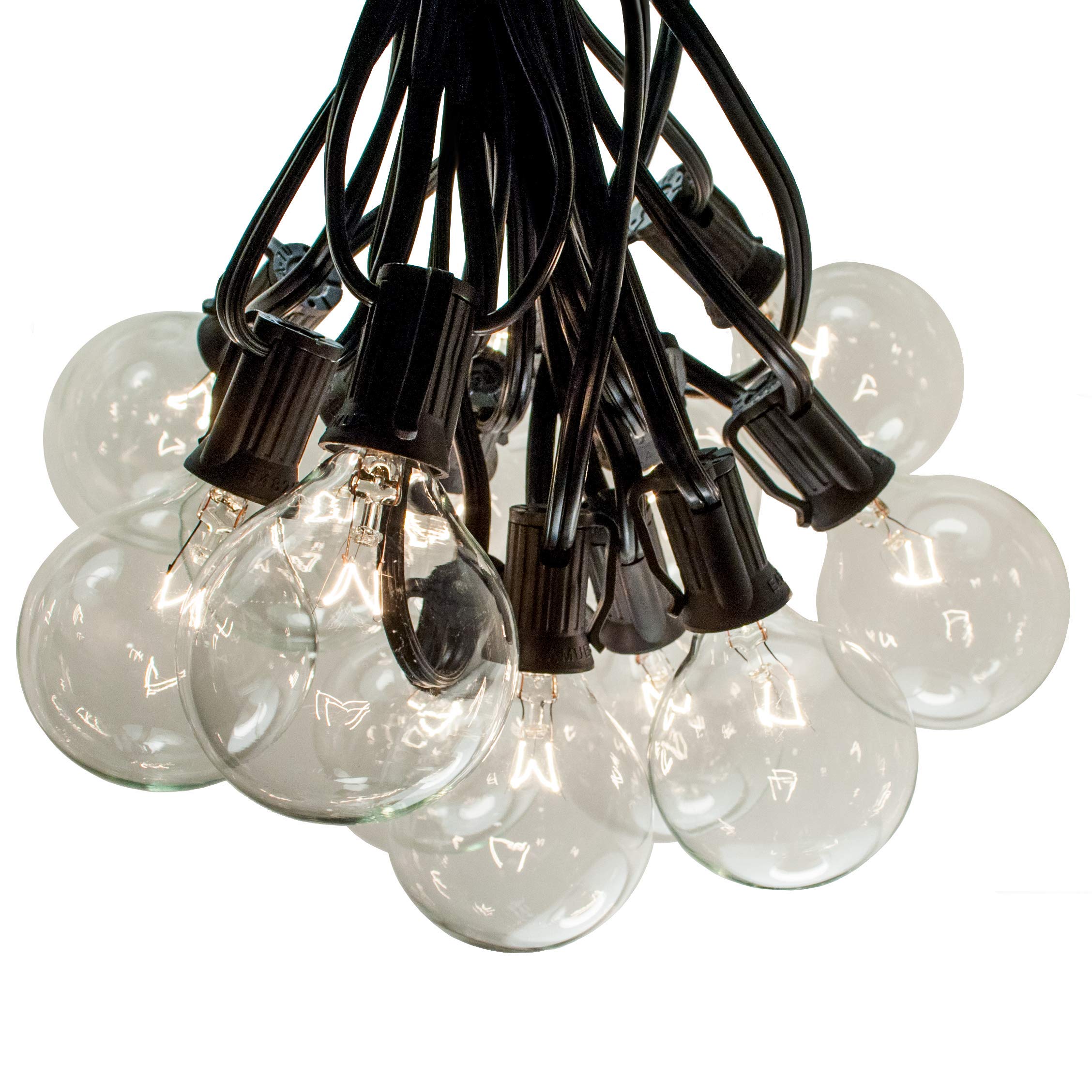 Hometown Evolution 50ft G50 Globe Patio String Lights, 2in Clear Bulbs, Black Wire, Model HTE192, Includes 2 Free Spares