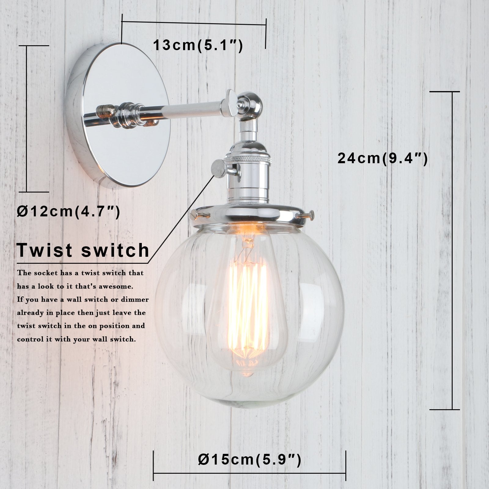 Permo Vintage Industrial Wall Sconce Lighting Fixture With Mini 5.9 Round Clear Glass Globe Hand Blown Shade (Chrome)