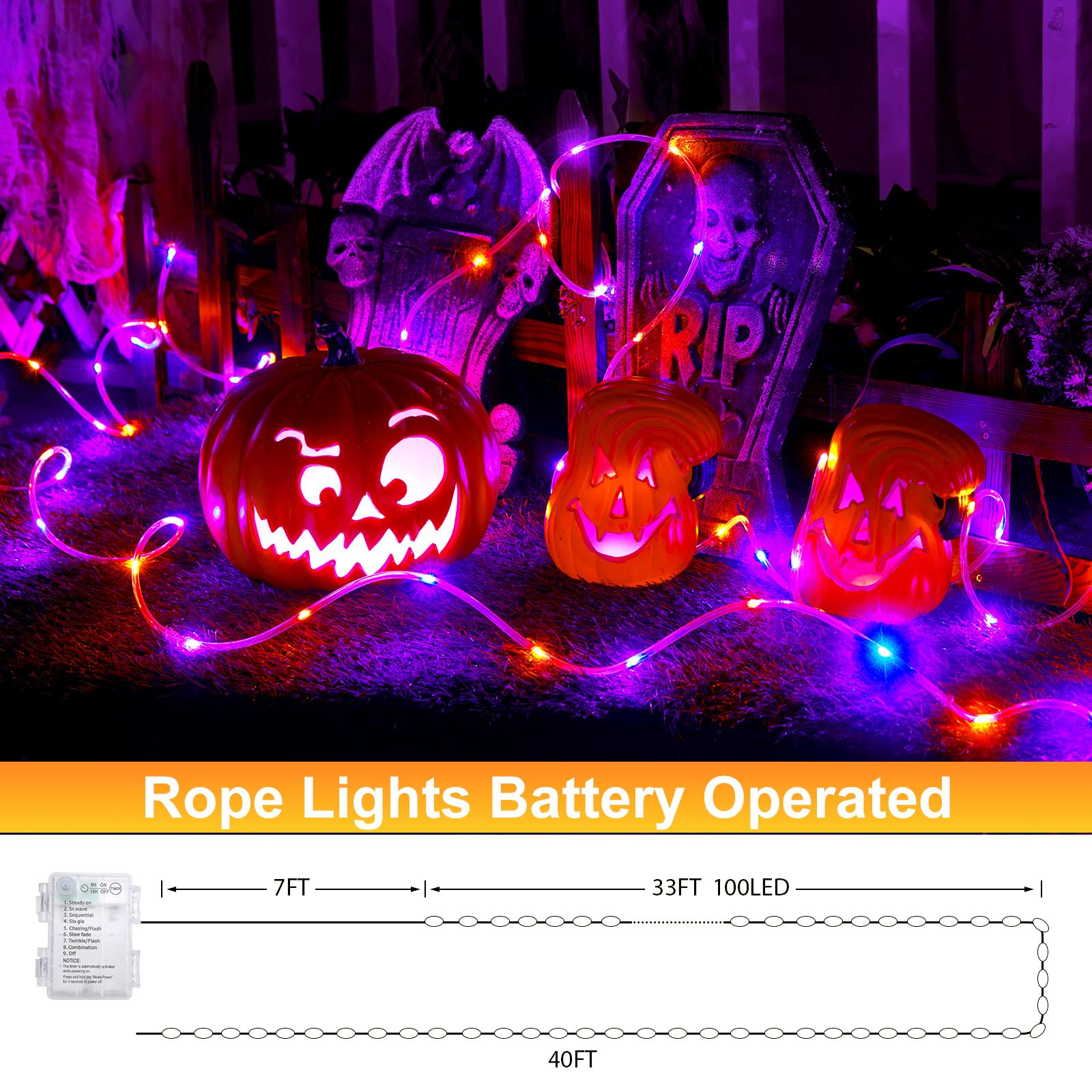 Minetom 2 Pack Halloween Lights Battery Operated, Total 80Ft 200 Led Rope Lights Outdoor, Halloween String Lights With Timer, 8 Mode, Battery Rope Lights For Outside Bedroom Indoor, Orange And Purple