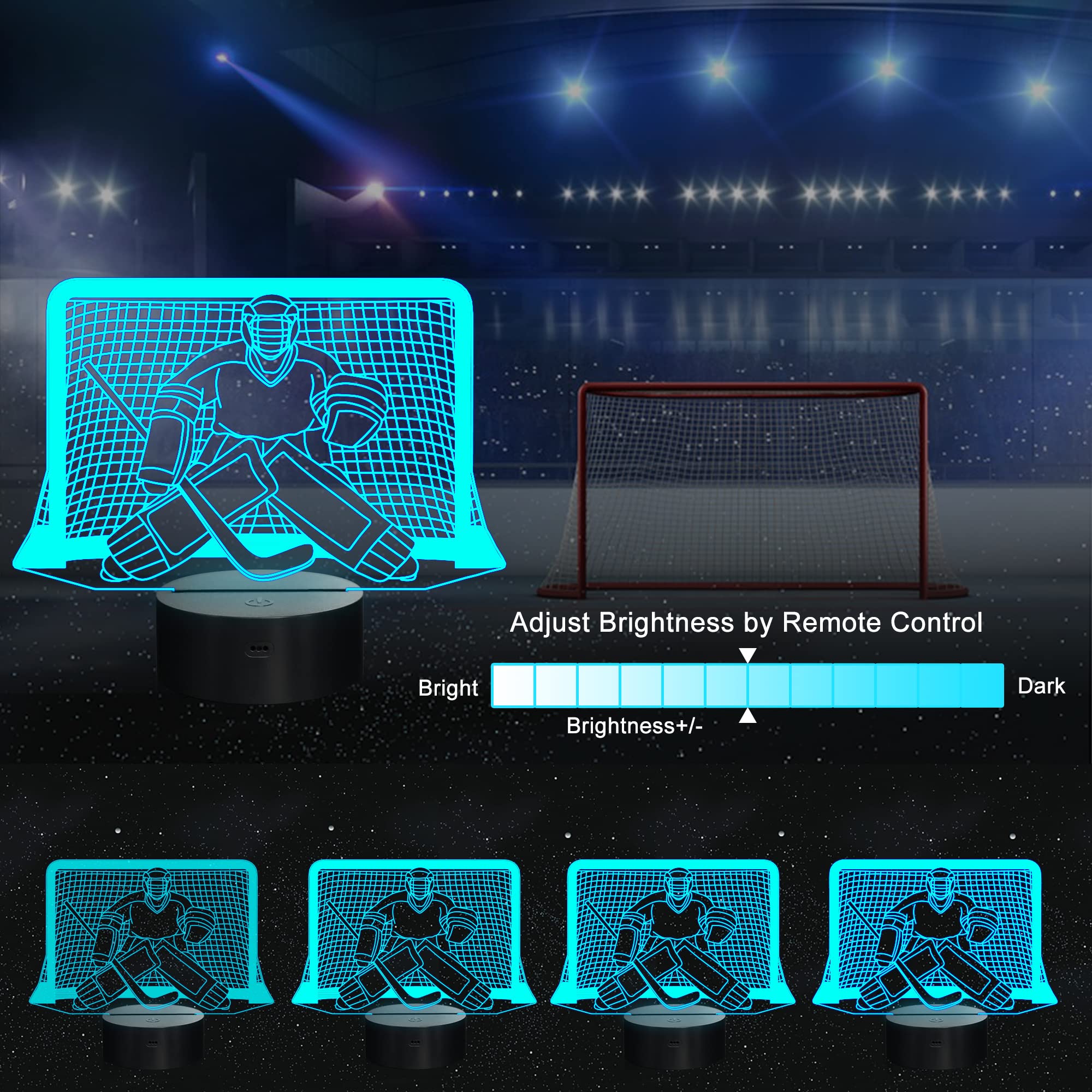 Ammonite Ice Hockey Night Light, Hockey Goalie 3D lamp 16 Color Changing with Remote Control and Timer, Mens Ice Hockey Decor Li