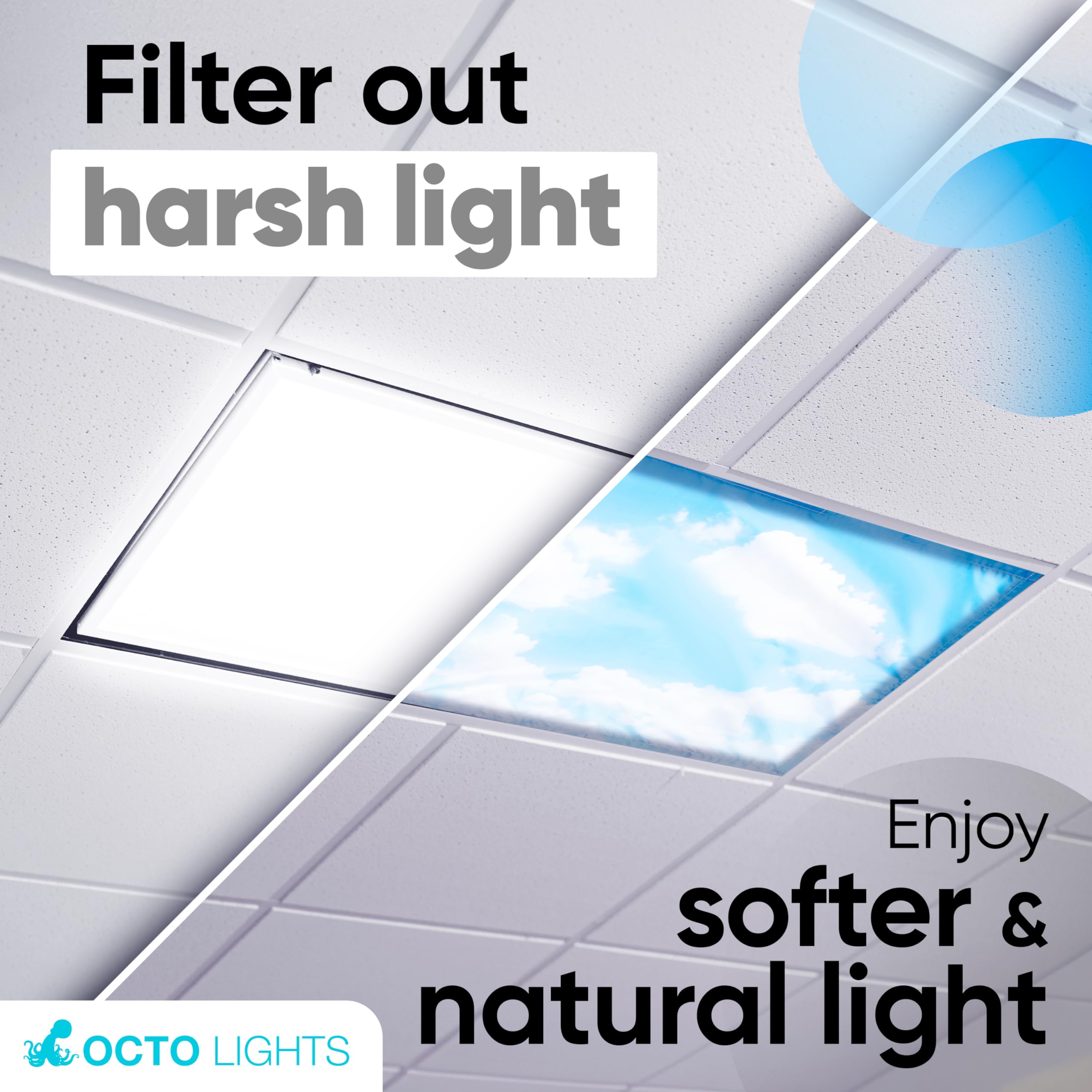 OCTO LIGHTS Fluorescent Light Covers - Magnetic 2x4 Polyester Cloud Cover - Calming Clouds - Model Cloud 001, 4 Pack