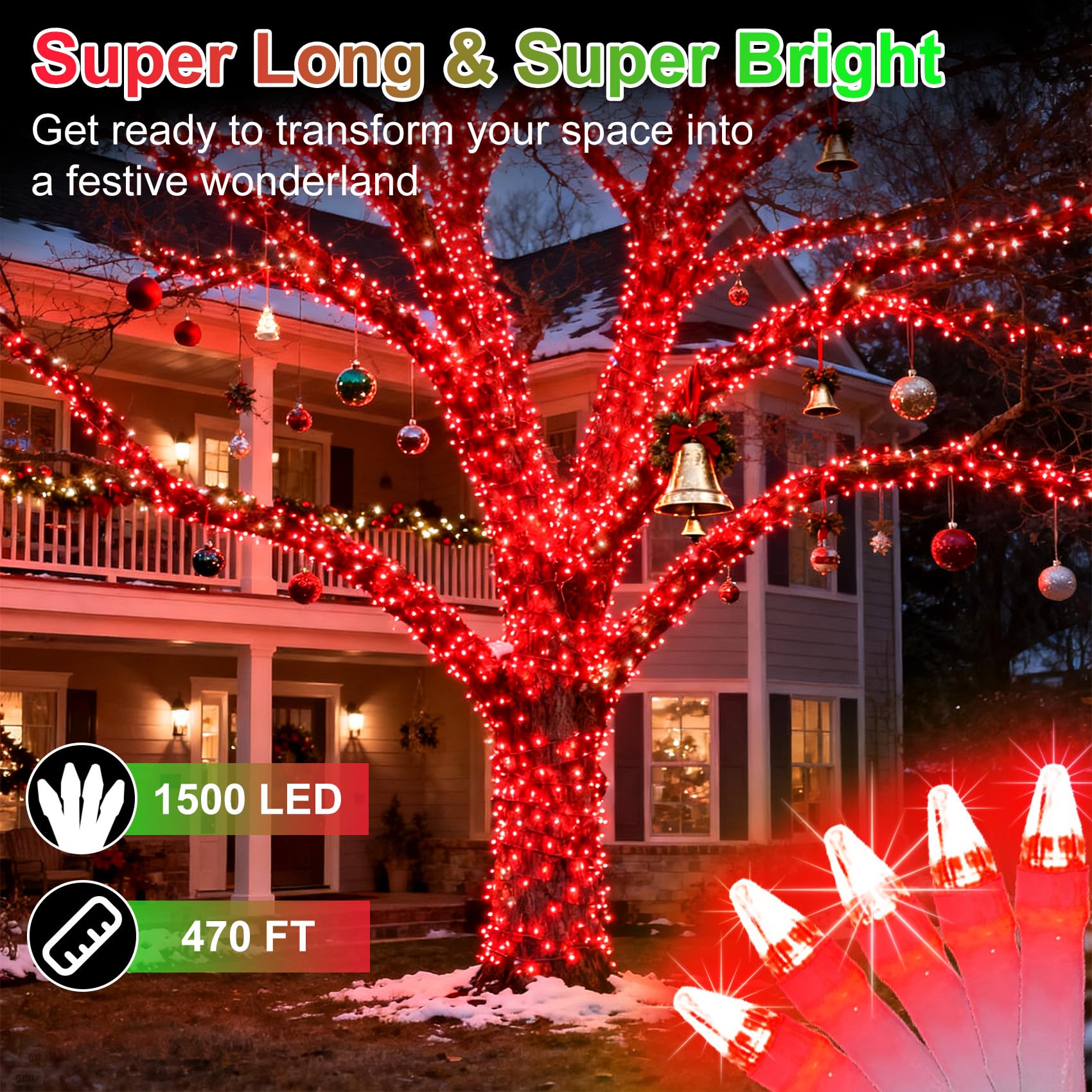 1500 Led 470Ft Christmas String Lights Outdoor  12 Pro Modes And Timer Memory & Brightness  Plug In Waterproof Dark Green Wire Twinkle Light For For Xmas Yard Tree Wedding Party Decor (Red)