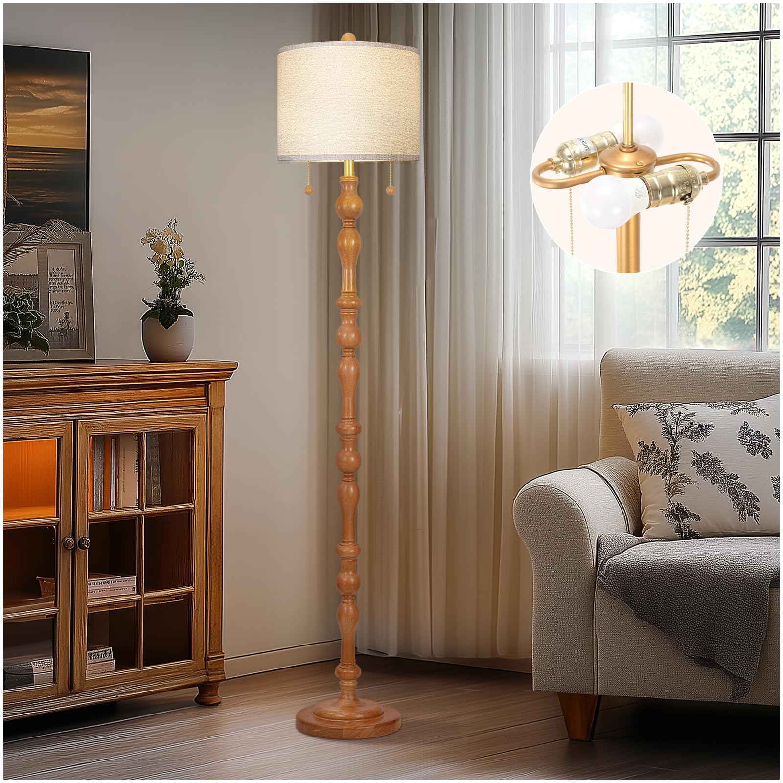 65.5'' Natural Real Wood Floor Lamp with S Cluster Pull Chains Dual Switch,Wood Base Tall Lamp,Farmhouse Standing Lamp for Livin