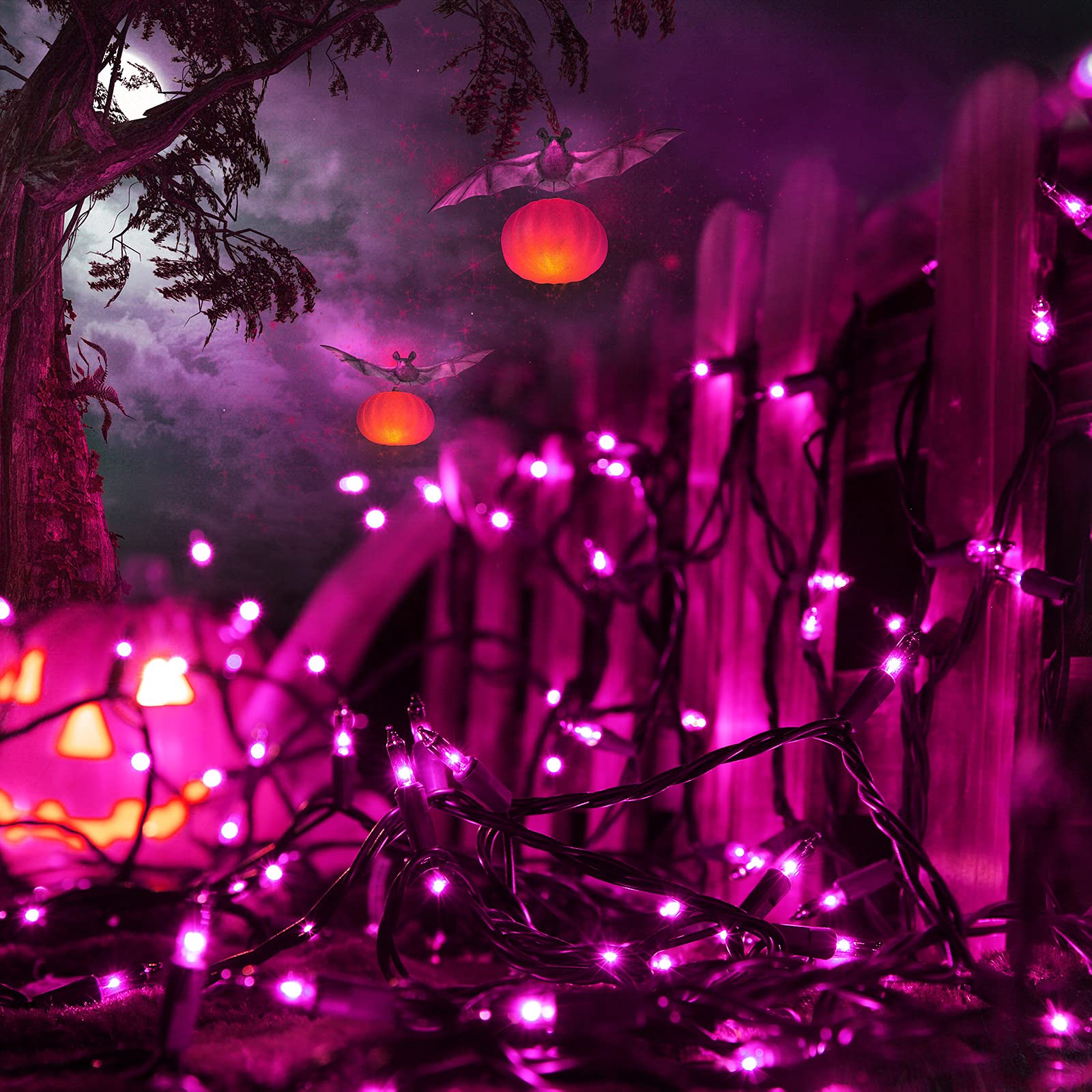 Toodour Purple Halloween String Lights, 300 Count, 77ft, Incandescent, UL Certified, Black Wire