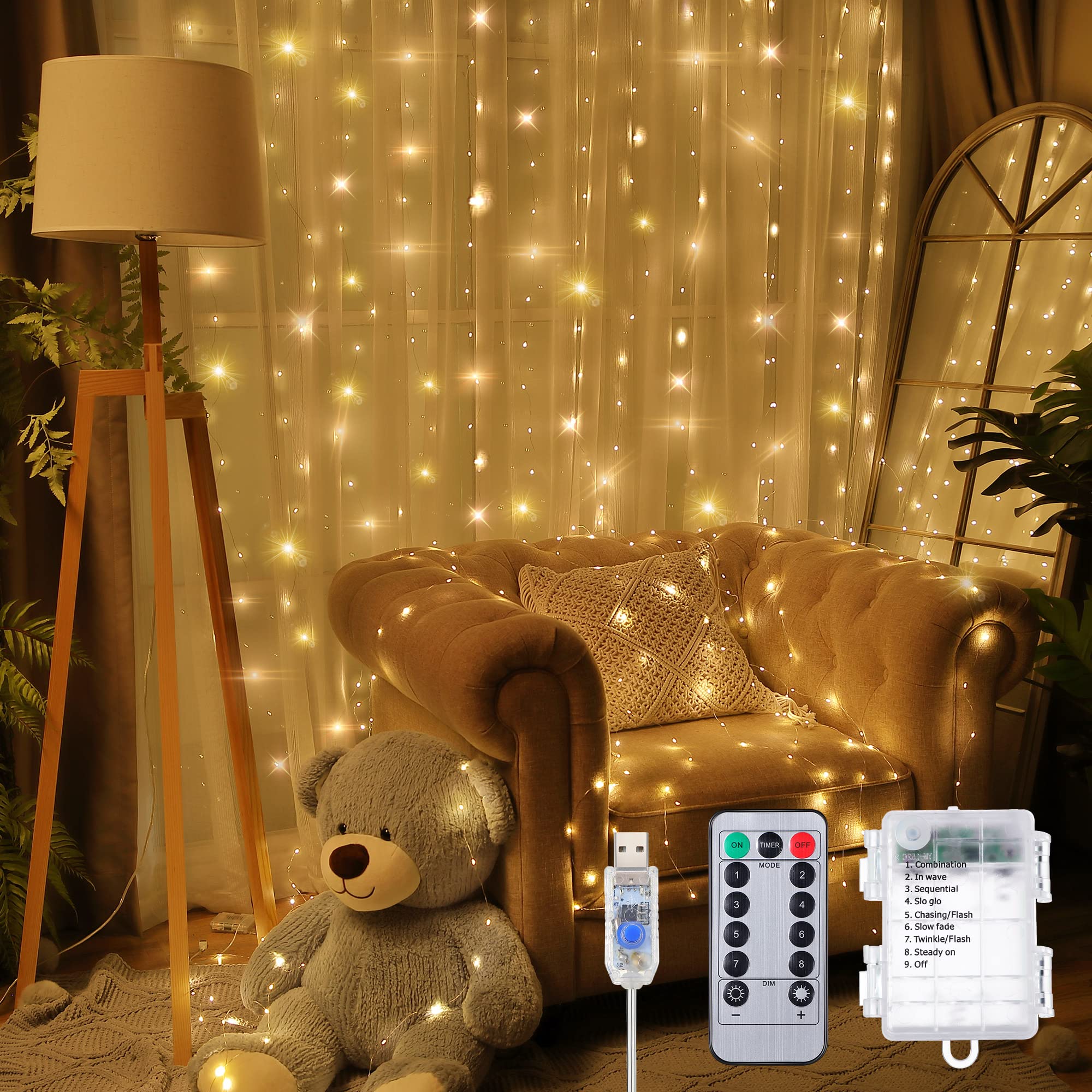 Meonum Curtain Tapestry Backdrop String Lights, Each 13 Strings 6.6 x 5 ft Tapestry Fairy String Light, 8 Modes Window Wall Hang