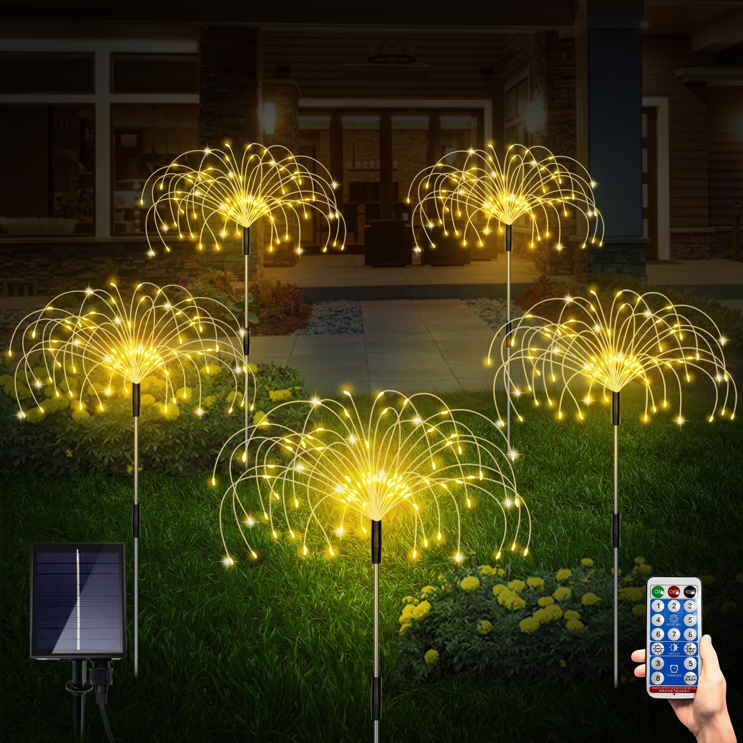 Solar Garden Lights, Outdoor Firework Lights, 5 Pack 120 LED Decorative Stake with Remote, 8 Modes DIY Landscape Light Waterproof Lamps for Walkway Pathway Backyard Lawn(Colorful)