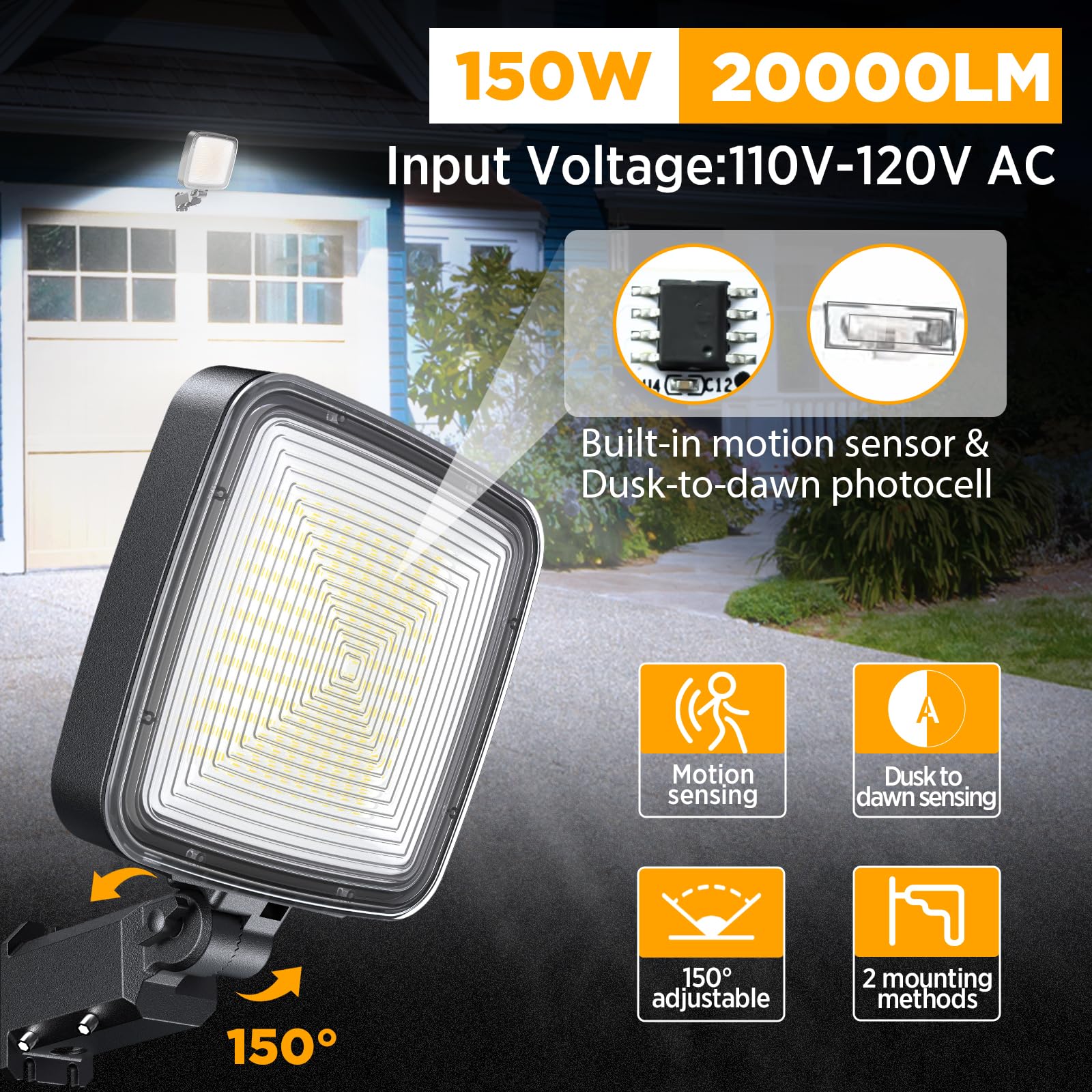 Willgotop 150W Led Parking Lot Light Motion Sensor Flood Light Outdoor, 20000Lm Led Barn Light With Dusk To Dawn Photocell, 6500K 150° Adjustable Security Lights For Garage Yard Farmhouse