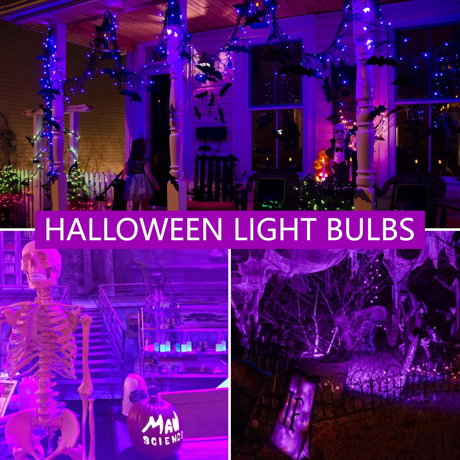 Gonhom 8 Pack A19 Led Purple Light Bulbs, 9W Equivalent, E26 Base For Halloween & Parties