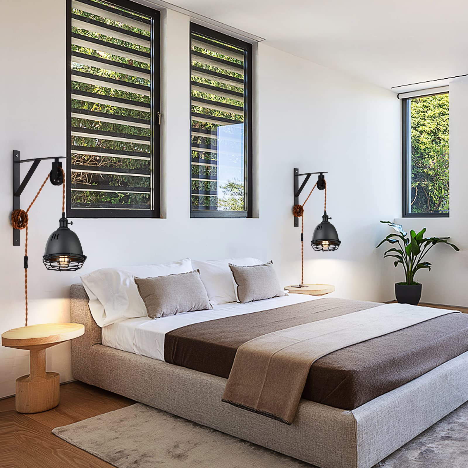 Seeblen Vintage Design Industrial Wheel Farmhouse Wall Mount Pulley Wall Pendant Lamp With 7-Foot Brown Plug And Switch, Adjusta