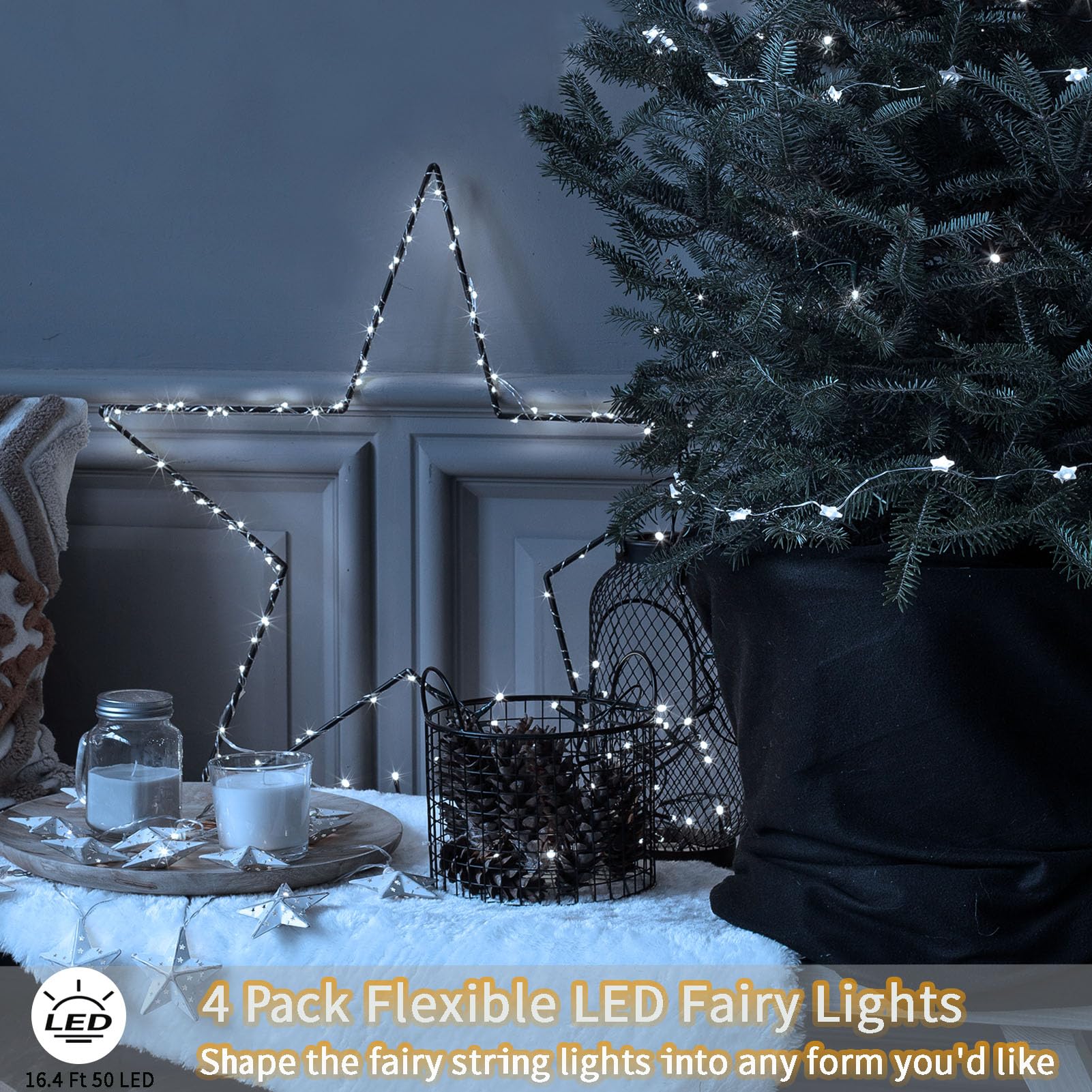 DealBeta 4 Pack Fairy Lights, 16.4FT 50 LED Cool White Twinkle Lights, Dark Green Copper Wire, Battery Operated, IP65 Waterproof
