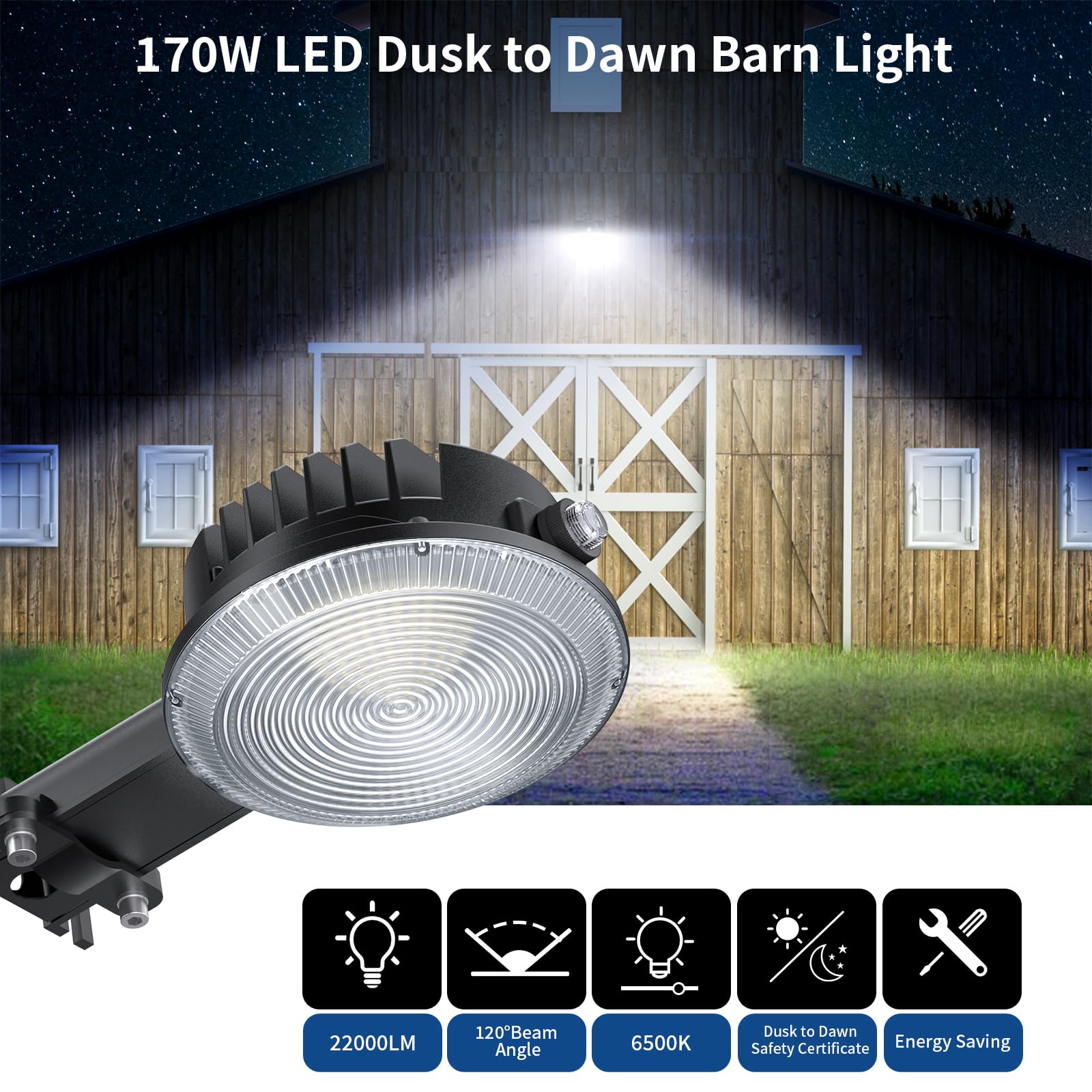 Olafus 170W LED Barn Light, Dusk to Dawn Outdoor Fixture, 22000LM, IP65 Waterproof, Black, Model JD170A