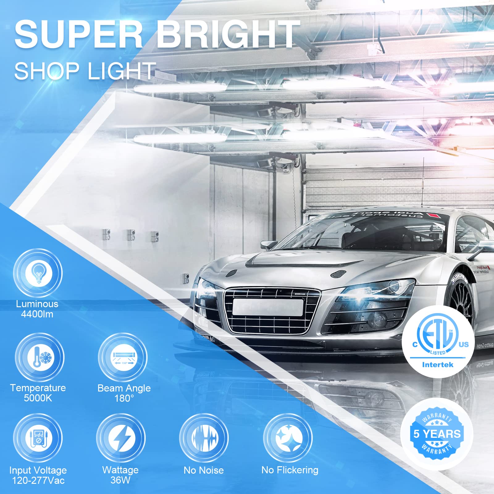 Ensenior 4ft Linkable LED Shop Light, 4400 Lumens, 36W Equivalent, 10 Pack, White, Model LSL-WH-10PACK, ETL Certified