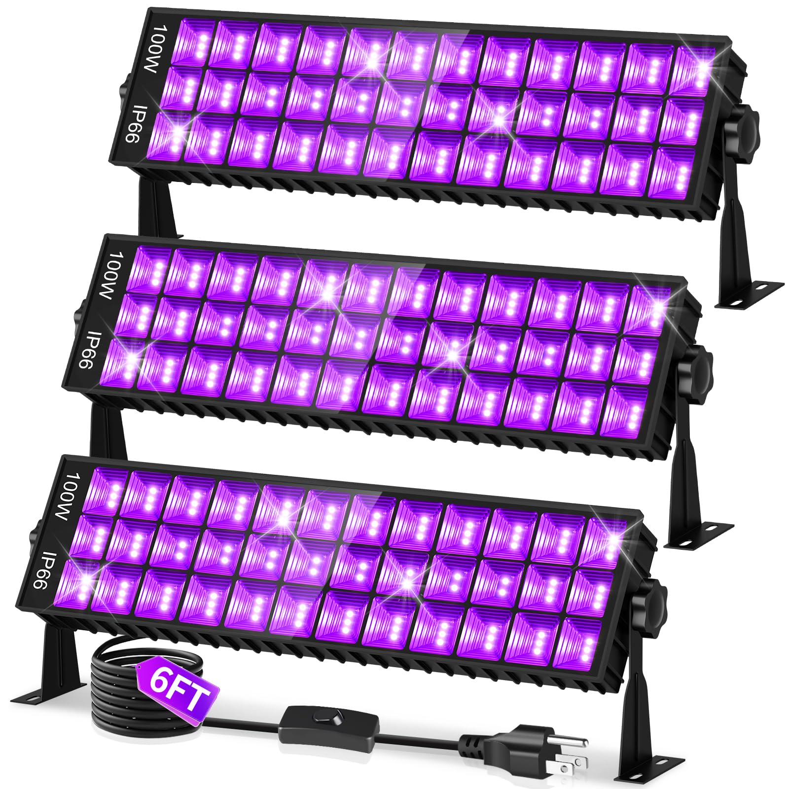 Isuerfy 100W Black Light Bar - Ip66 Waterproof Led, 3 Count, 6Ft Cord, Ideal For Outdoor Neon Glow Parties, Model Isuerfy-Blb100