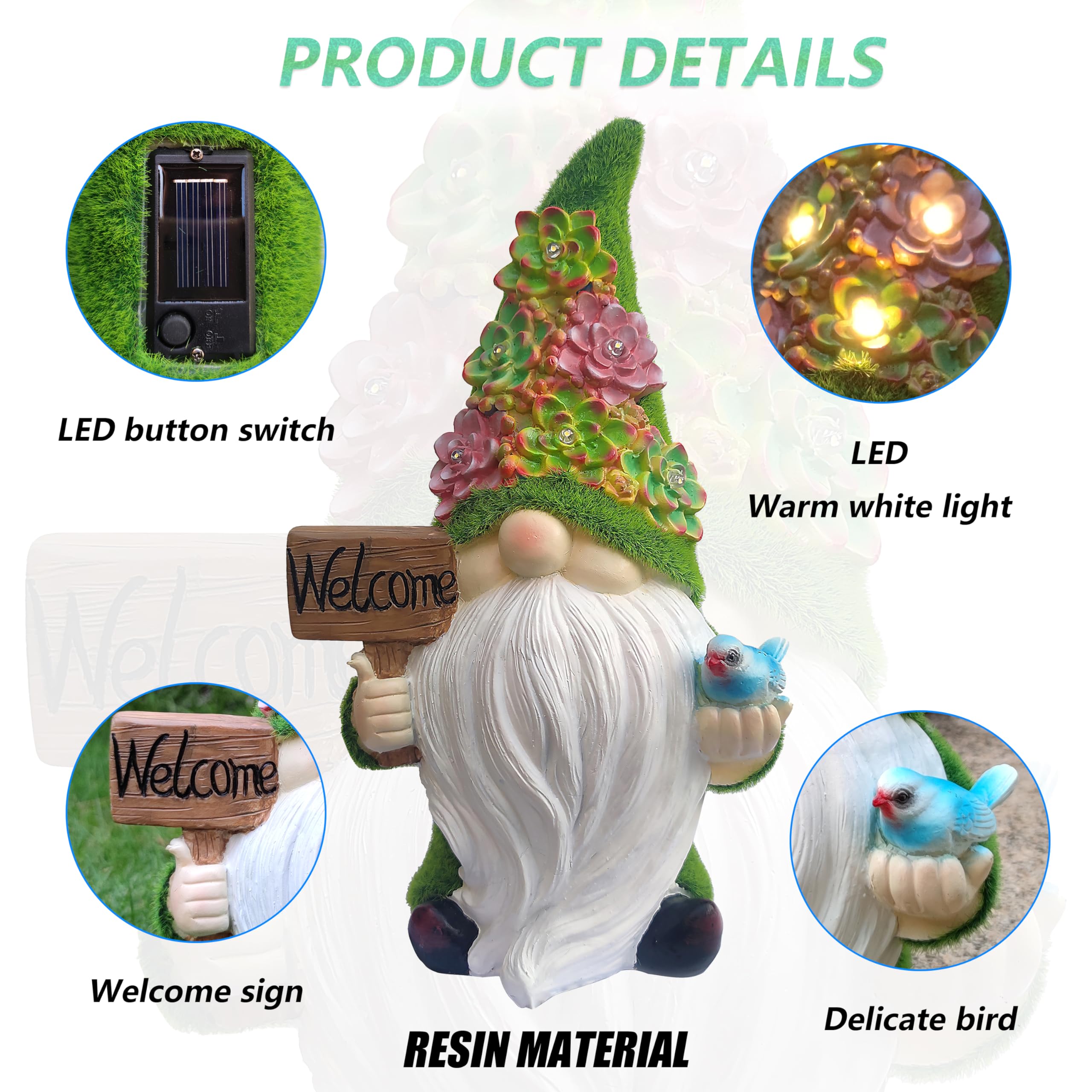 Vioyouns Solar Gnomes Garden Statues Resin Gnome Figurine Holding Welcome Card And Bird With Solar Lights  Outdoor Gnomes Decorations For Yard Patio Lawn Porch  Garden Gifts