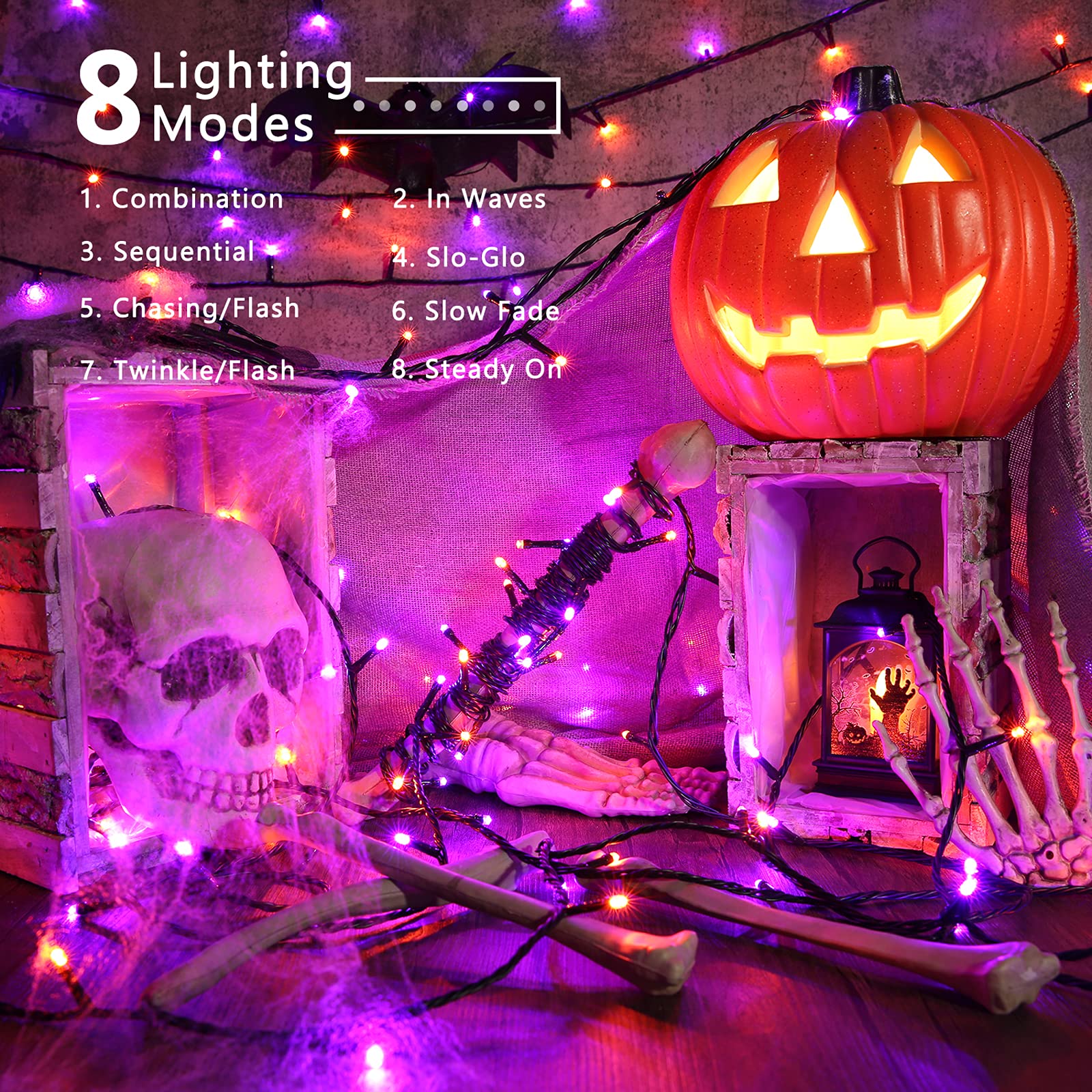 ODEETRONIC Orange Purple Lights, 164ft 500LED Outdoor Halloween String Lights, Plug in Orange Halloween Light with 8 Modes, Twin