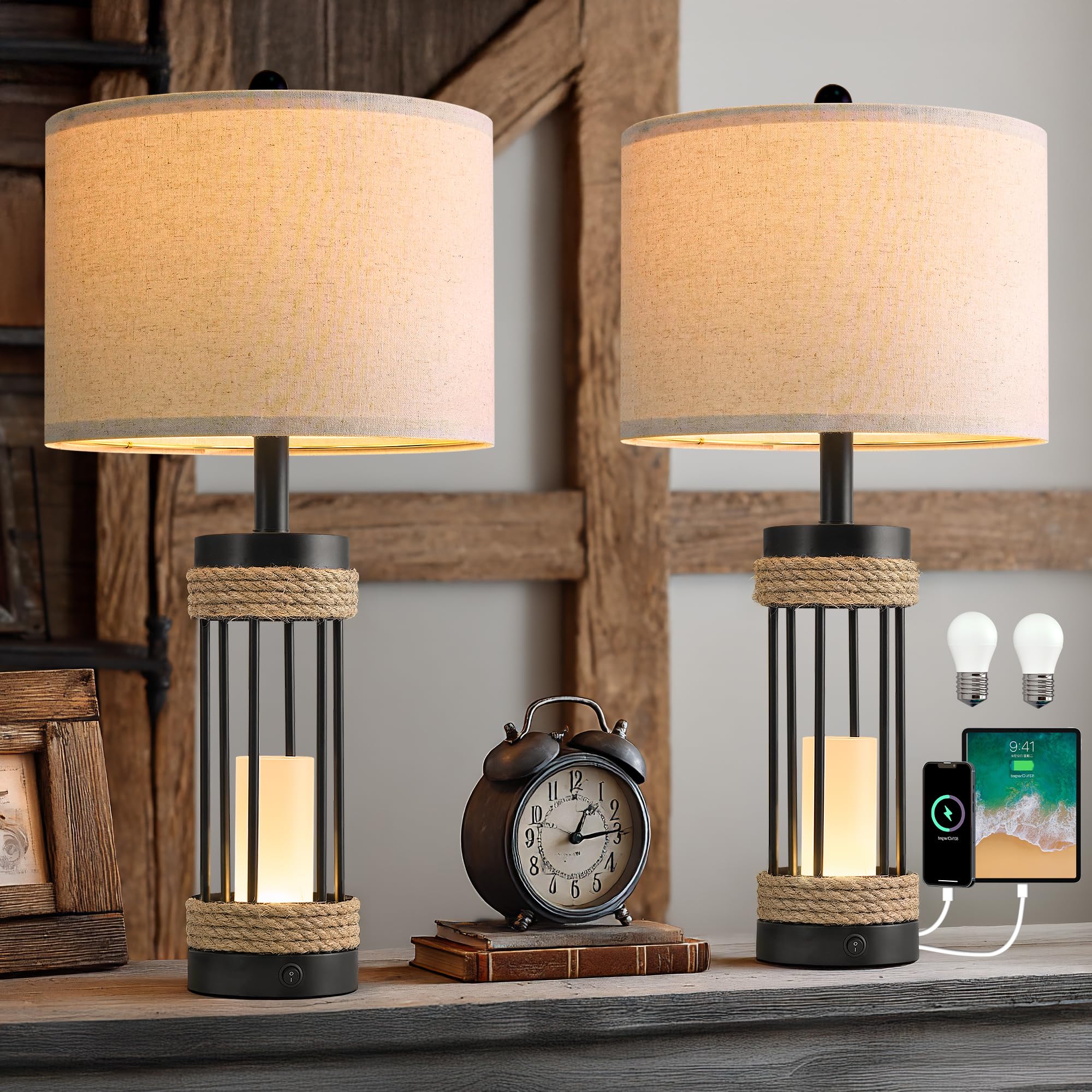 OYEARS 25 Table Lamps Set of 2 with Night Light  Rustic Bedside Lamps with USB C+A Charging Ports  Black Metal Lamp with Rope Accent and Frosted Glass  Farmhouse Lamps for Living Room Bedroom