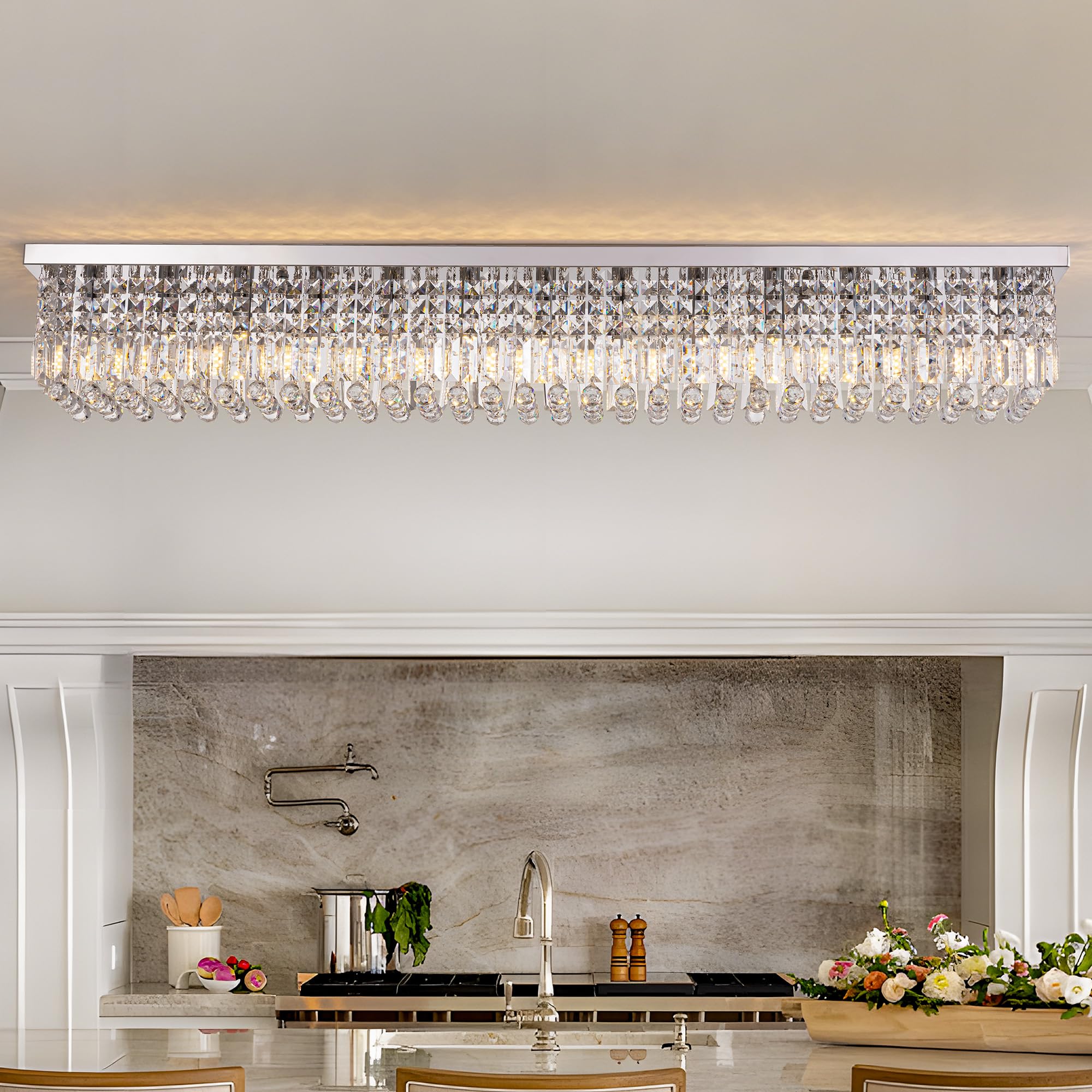 Tinkoso 13-Light Modern Crystal Chandelier, K9 Rectangle Pendant Light, 59" Adjustable, Chrome Stainless Steel for Dining Room/Bar/Bedroom
