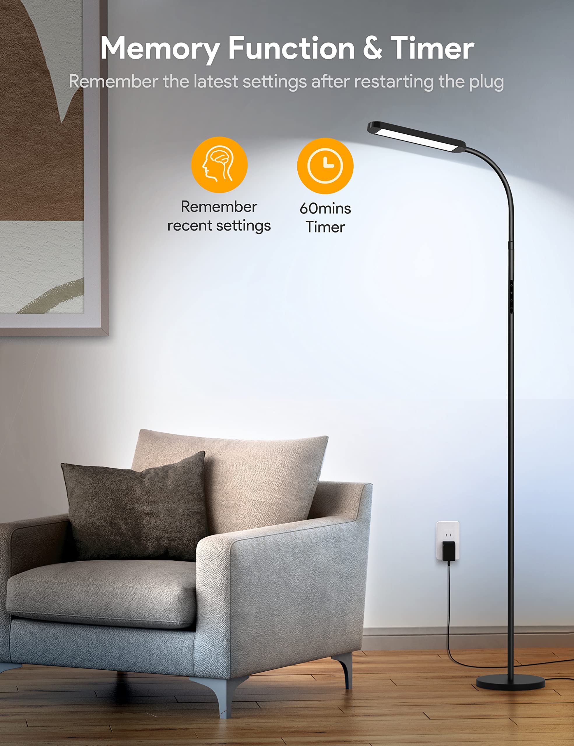 MediAcous LED Floor Lamp - Dimmable Standing Lamp with Remote, 5 Colors, 1H Timer, Iron, Black, Model ME-FL01