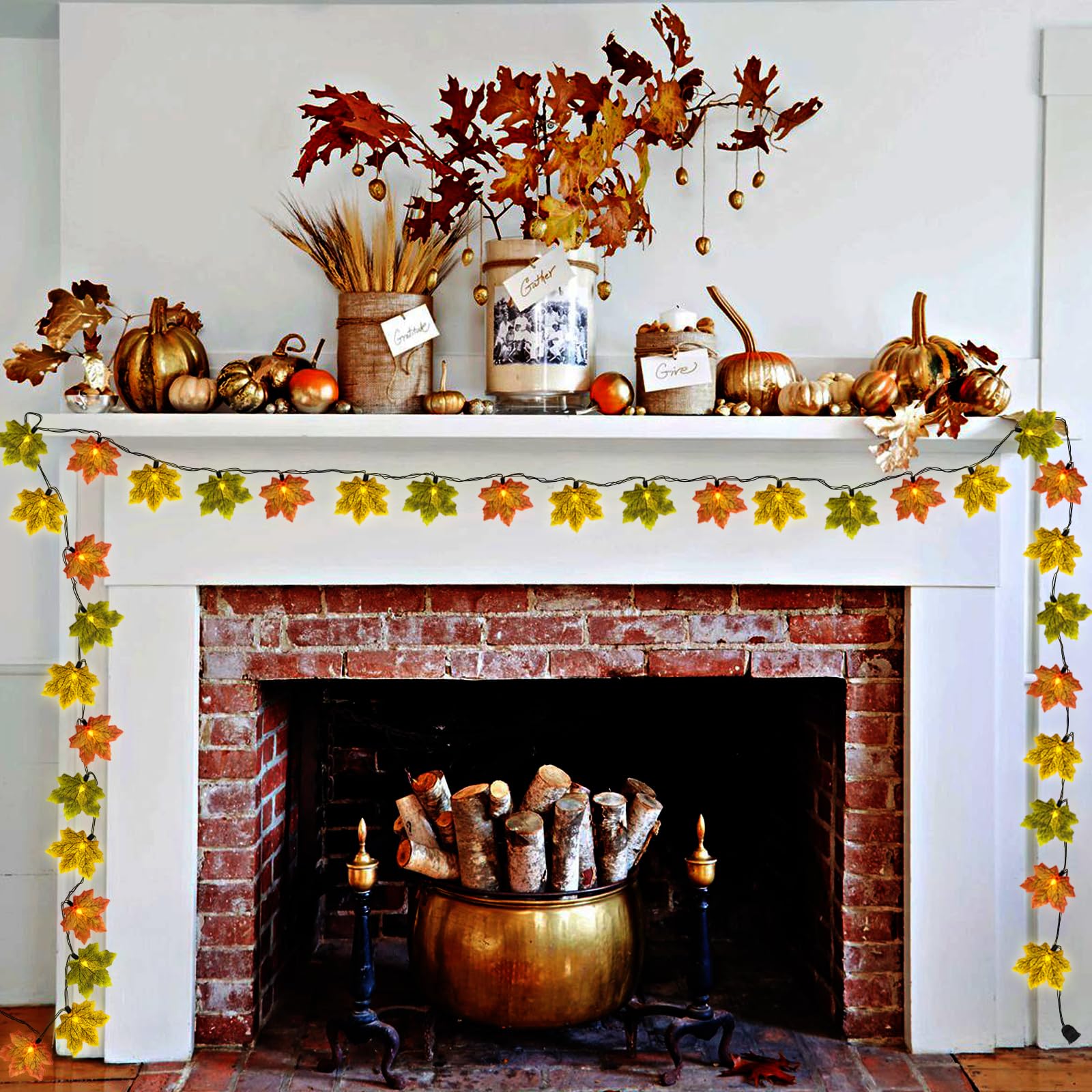 13.6FT Fall Lights Thanksgiving String Lights, 35LED Orange Yellow Green Maple Leaf String Lights Plug-in Fall String Lights for