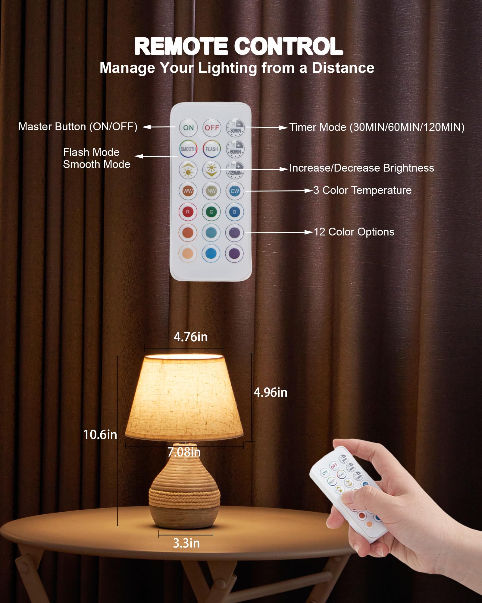 Umexus Cordless Table Lamp With Timer, Dimmer, Linen Shade, Remote Control, Small Battery Light Rechargeable, Mid Century Modern