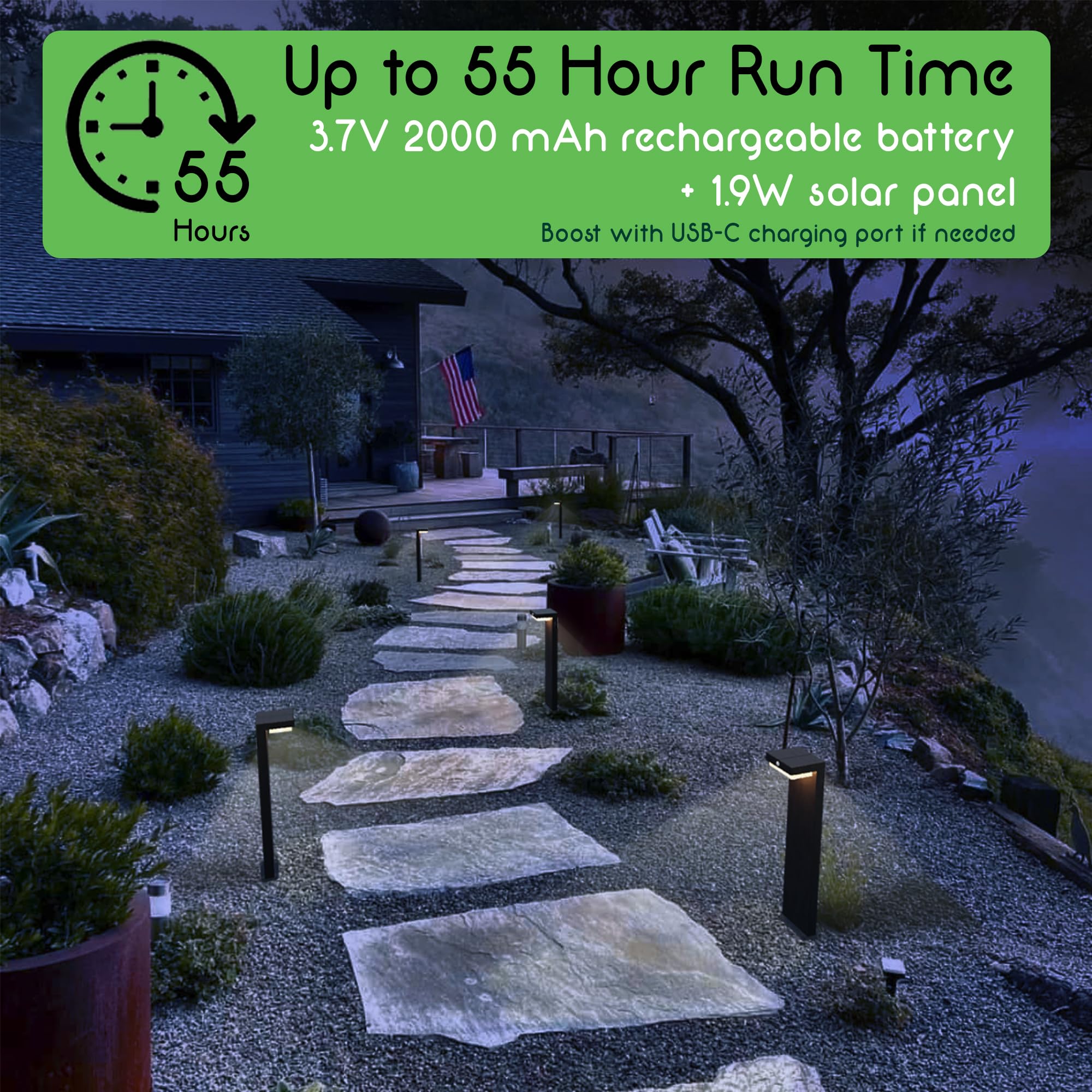VerLuce Solar Pathway Lights - PIR Sensor, 3000K, IP44, 4 Pack, Black, 20.5" - Rechargeable Battery Lasts Up to 55 Hours