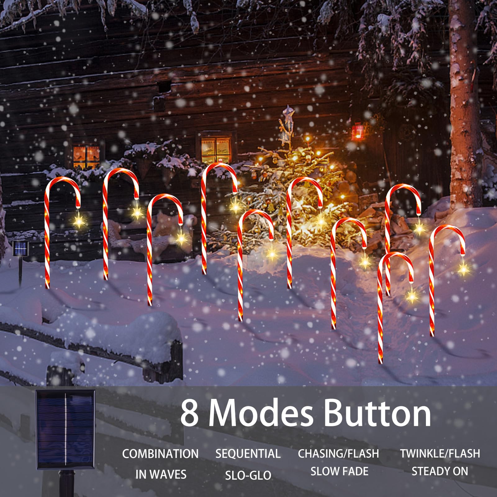 Bstge Christmas Candy Cane Lights, 10 Pcs, 21in  Solar Pathway Lights, Waterproof, White with Star, 8 Lighting Modes