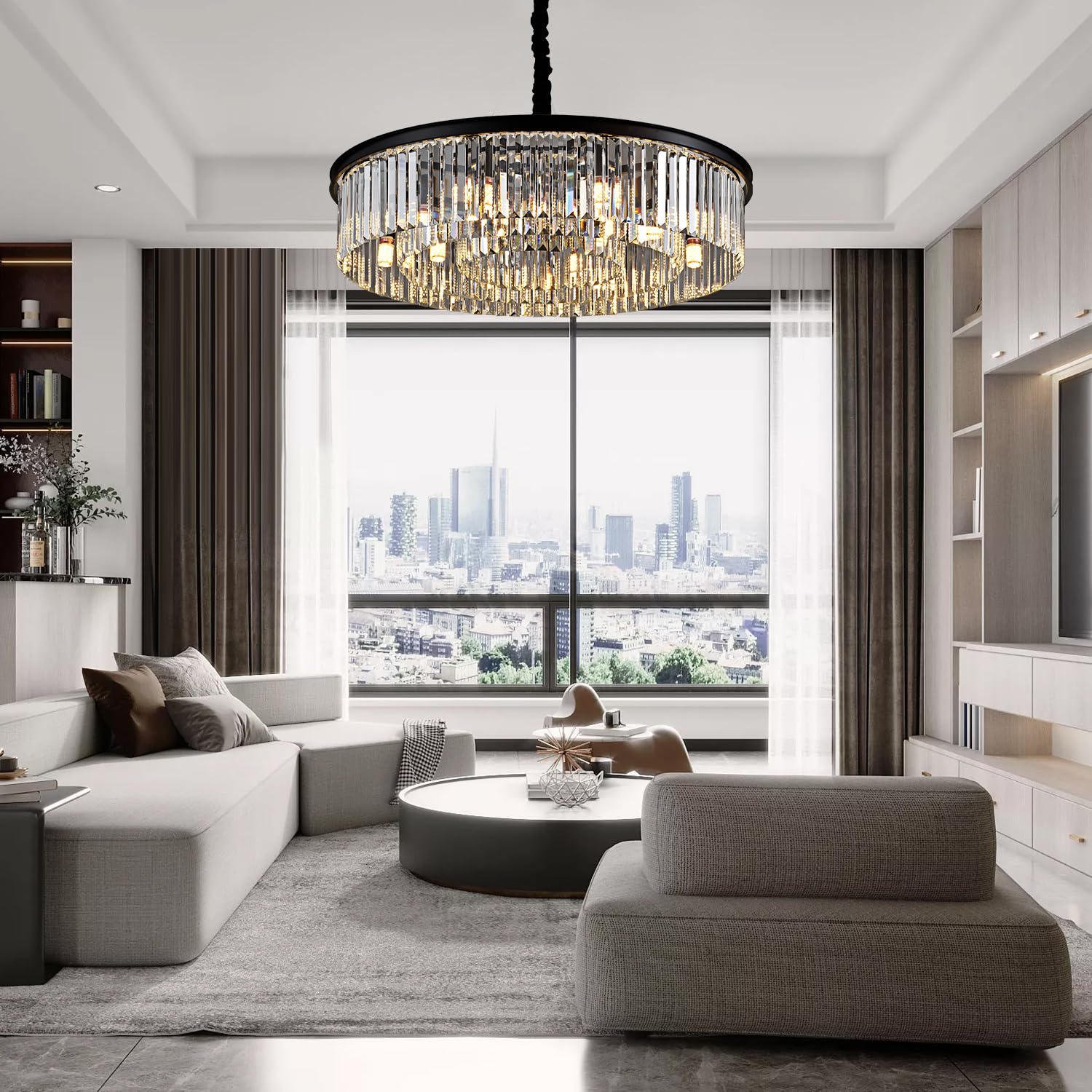Lighceac 31.5" 12-Light Modern Crystal Chandelier Light Fixtures 3 Rings Black Luxury Chandeliers For Living Room Glam Round Hanging Ceiling Pendant Lighting For Entryway Kitchen Bedroom Dining Room