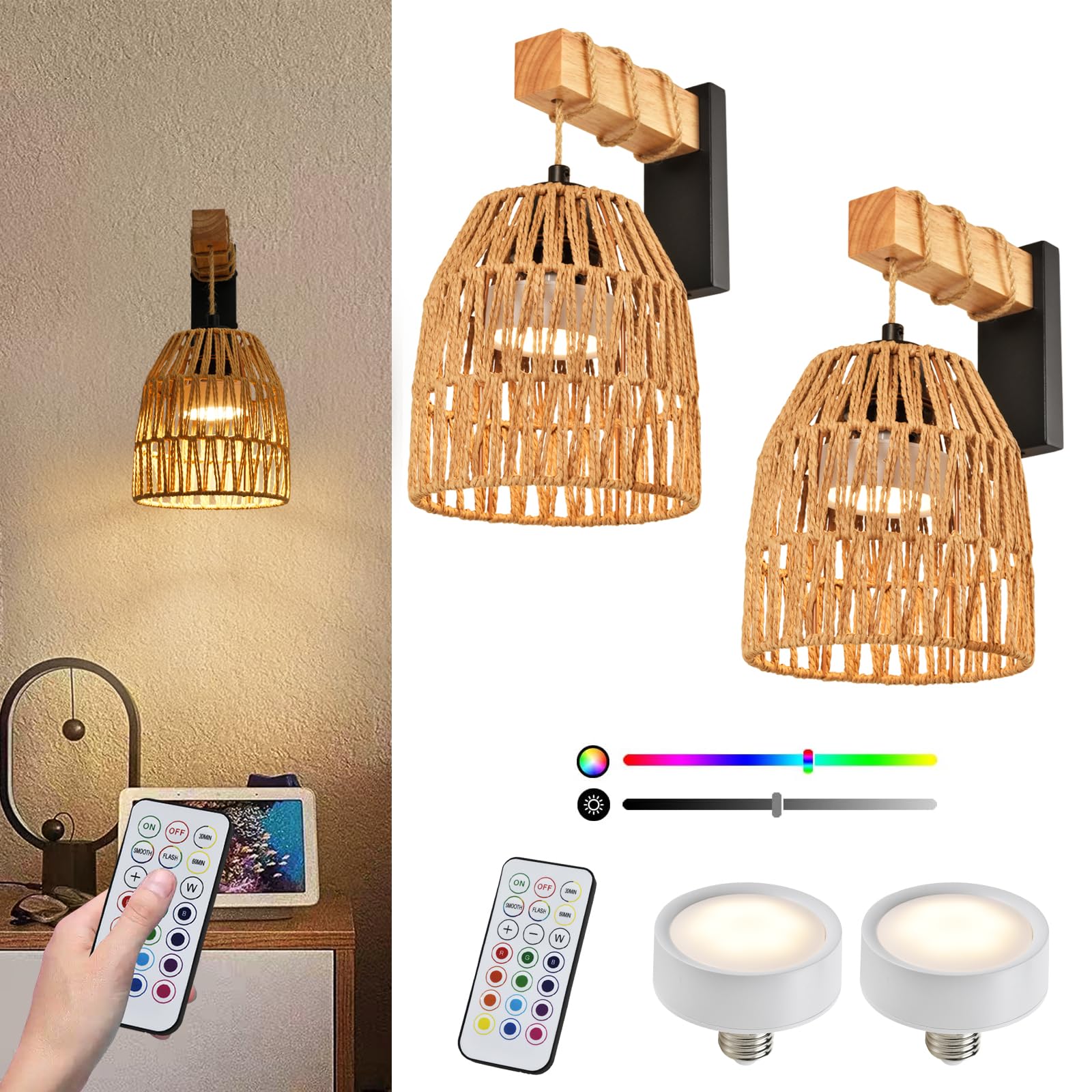 Battery Operated Wall Sconce Set Of Two, Rattan Wall Sconces Battery Operated Set Of 2, Boho Battery Wall Sconce With Remote, Wi