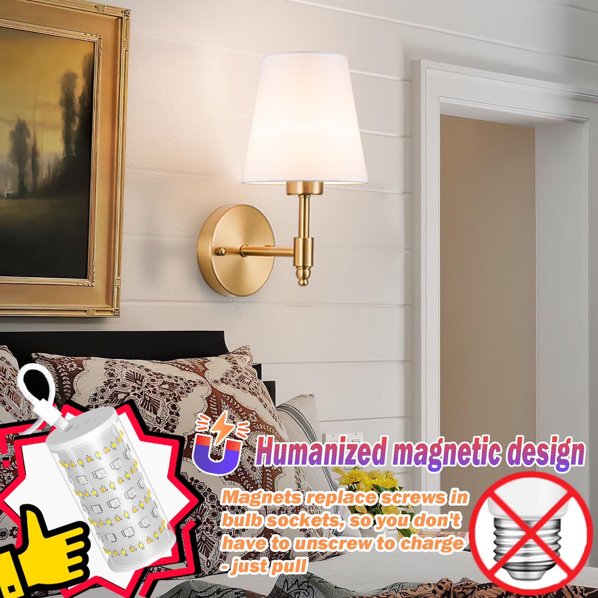 Battery Operated Wall Sconces Set Of Two, Wireless Battery Wall Light With 10000Mah Rgb Rechargeable Magnetic Bulb, Rechargeable