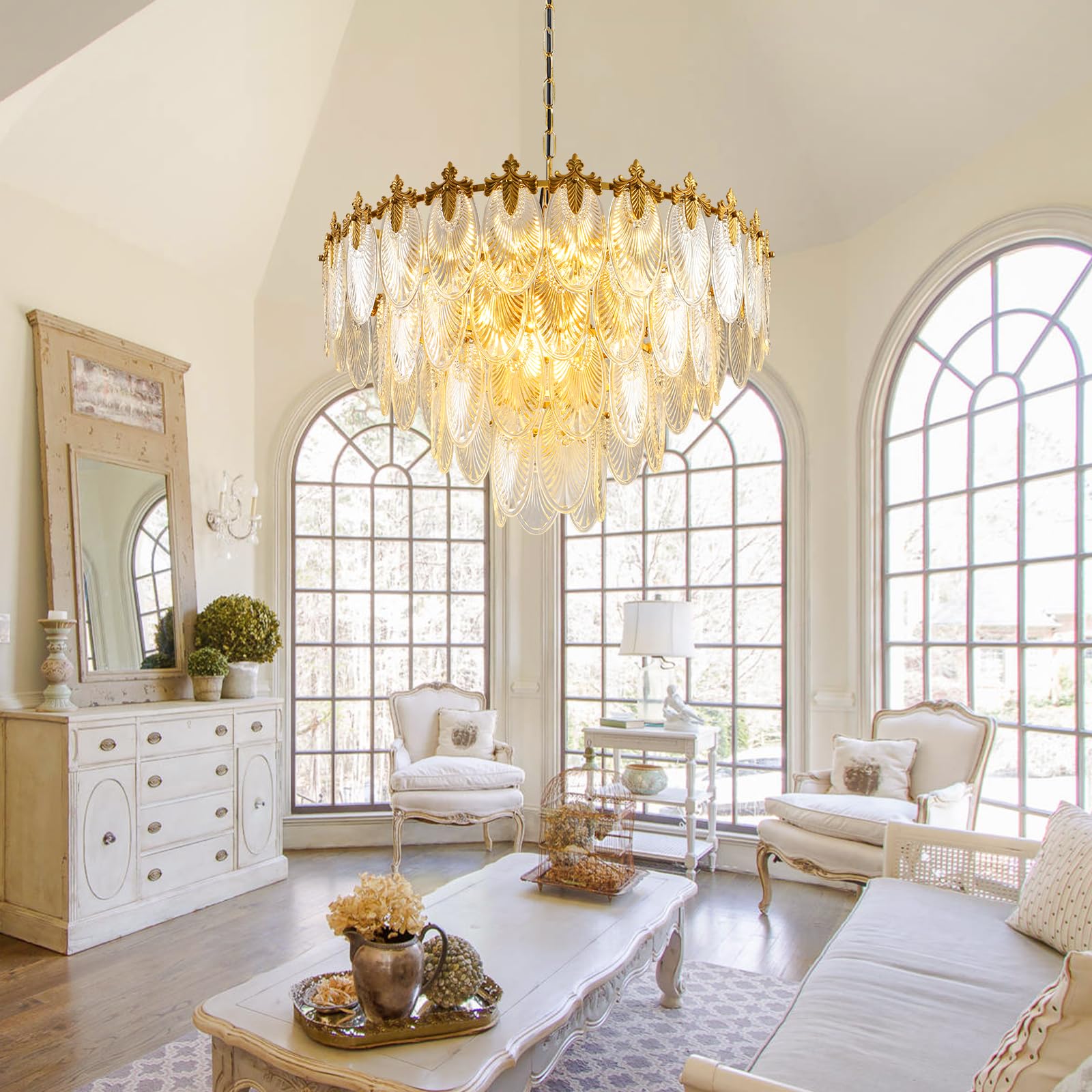 KELUOLY Modern Crystal Chandelier, 12 Light Round Pendant, 31.5" Gold Glass, Adjustable Height, Model XY-LW1017-Y80J