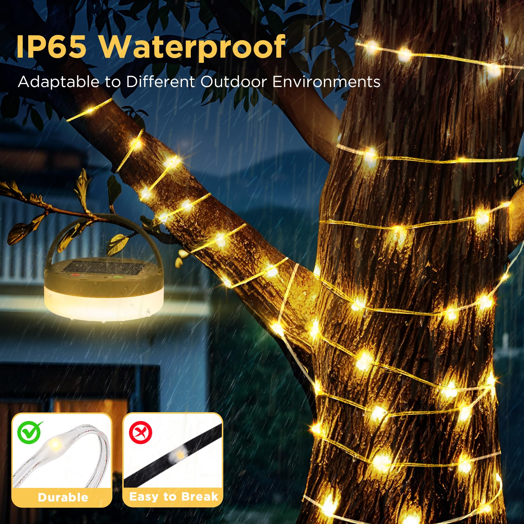 YUNJAYI Solar Camping String Lights, 33FT 3000mAh Retractable 4 in 1 Camp Lights with 8 Modes, Portable Rechargeable Camp Lamp,