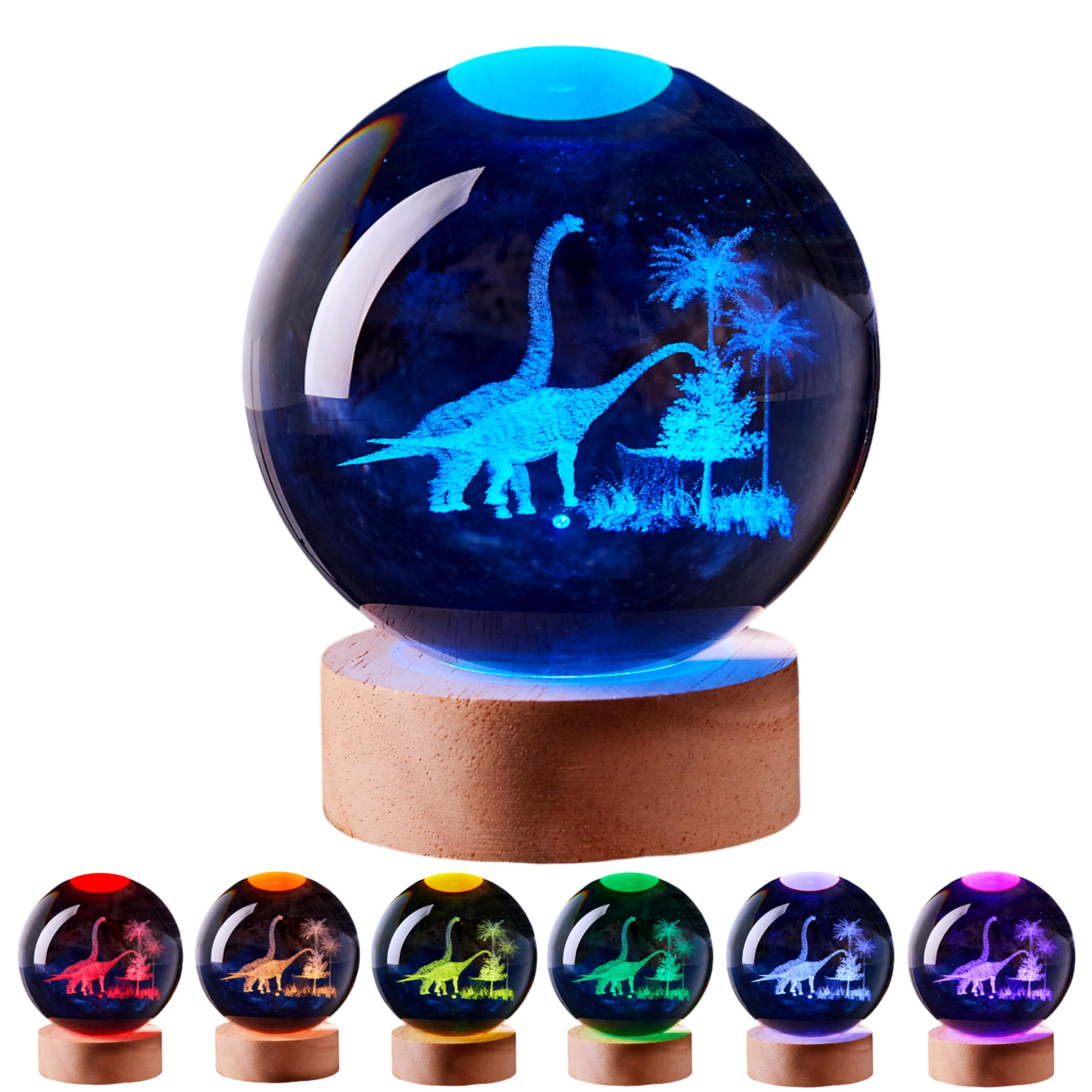 3D Large Dinosaur Crystal Ball Night Light with Wooden Base  Crystal Lamp Gift for Kids Wife Friends  16 Color Changing with Remote Control  Laser Engraved 3.15 inch Glass Ball Lamp (Dinosaur)