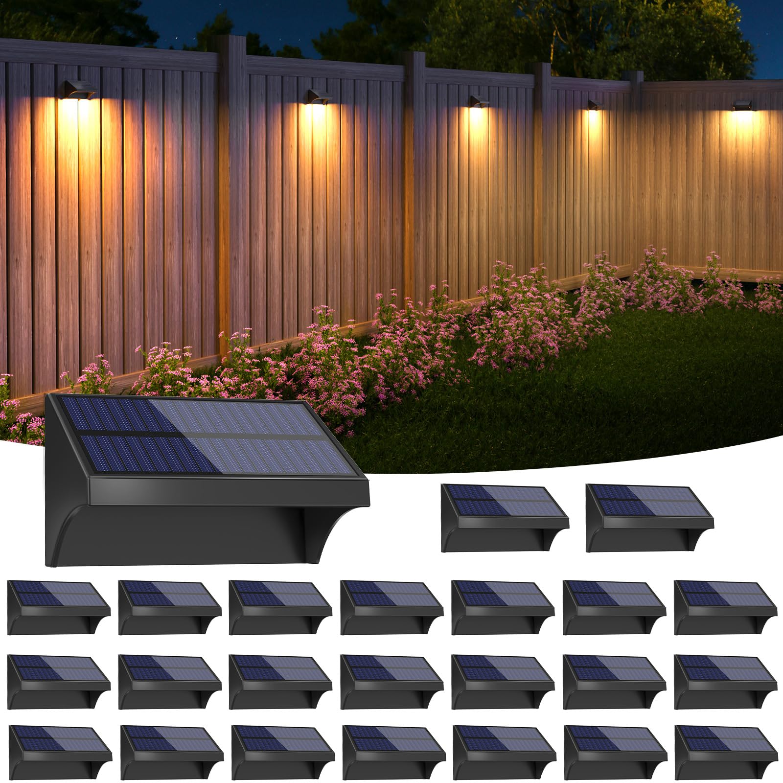 NIORSUN Outdoor Fence Lights  24 Pack Waterproof LED Solar Fence Lights with 1500mAh Battery  Warm White/Cool White/RGB  Easy-to-Install Wall Light for Deck  Patio  Railing  Stairs  Backyard - Black