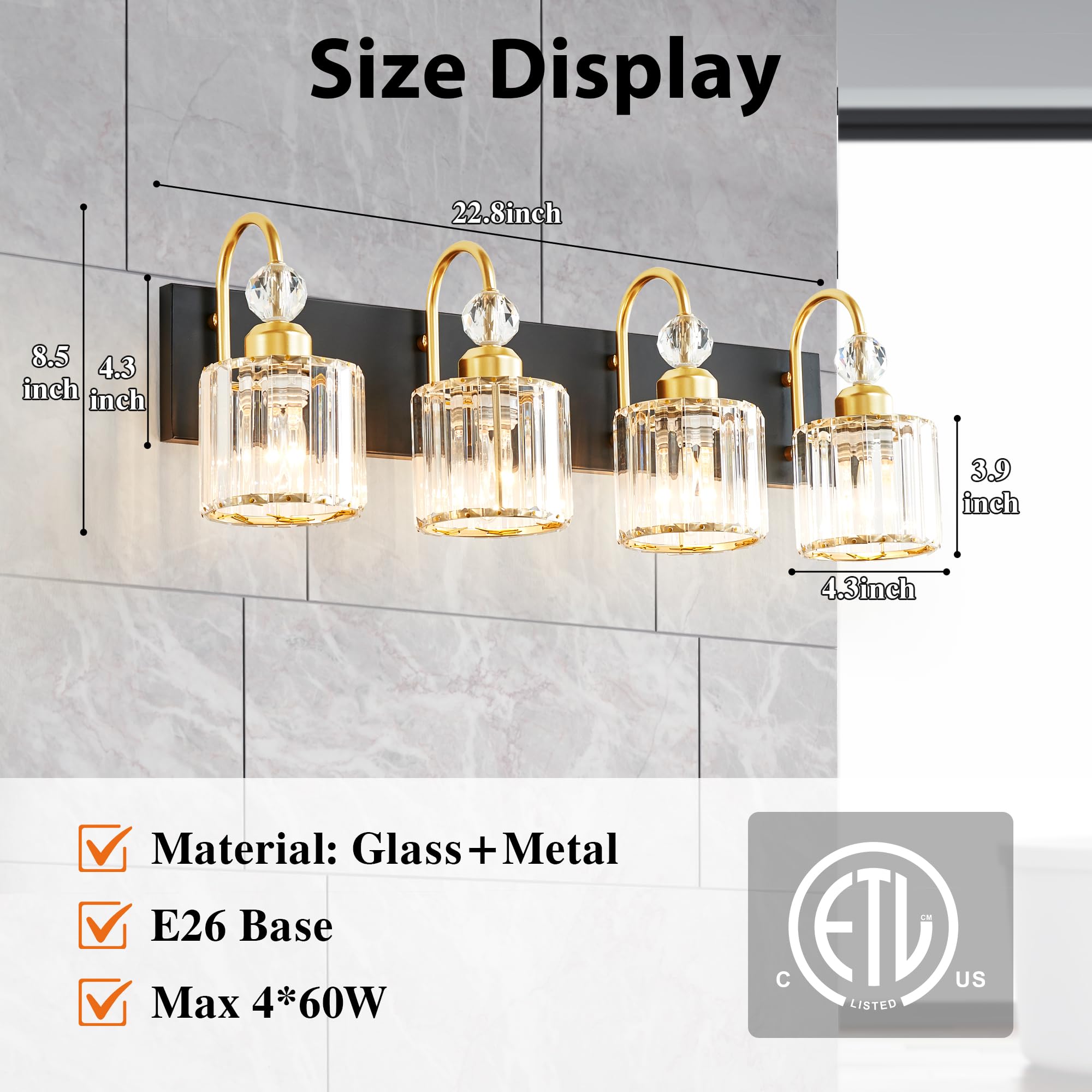 Diamondforge Bathroom Vanity Light Fixtures Over Mirror - Makeup Lighting Black Gold - For Modern Wall  Bath  Desk  Farmhouse  Hallway - 4 Crystal Lights