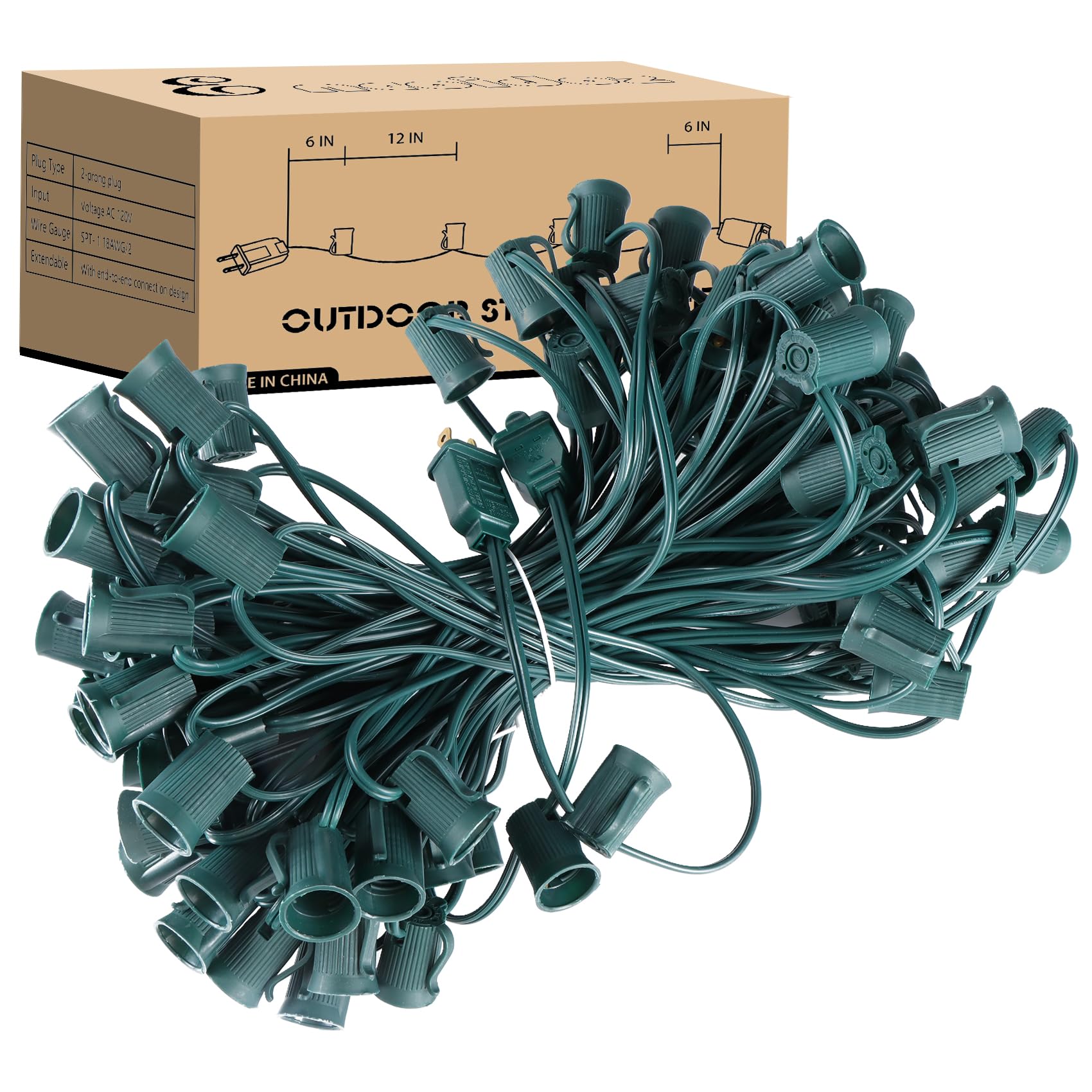 Encoidoz 100FT C9 Light String Christmas Stringer  E17 Light Sockets 12 Spacing  C9 Stringer Set Green Outdoor String Light Strand for Wedding Patio Event Lighting Decor  Green Wire