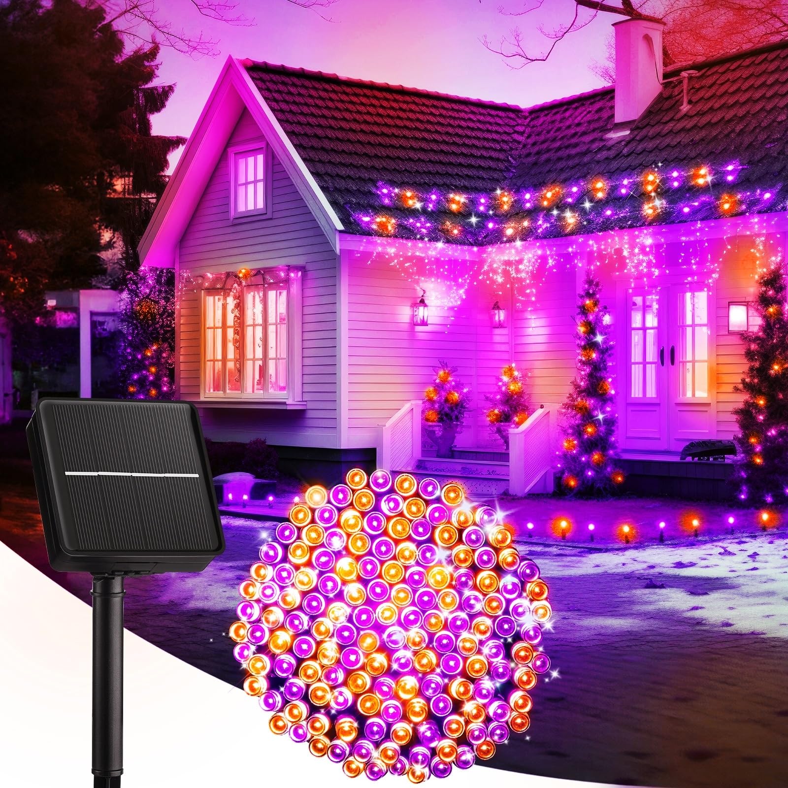 Brightown 100Led Solar String Lights Outdoor  Solar Powered Lights Ip65 Waterproof For Party Garden Yard Home Holiday Tree Decoration Lighting (Orange&Purple  100Led-1Pack)