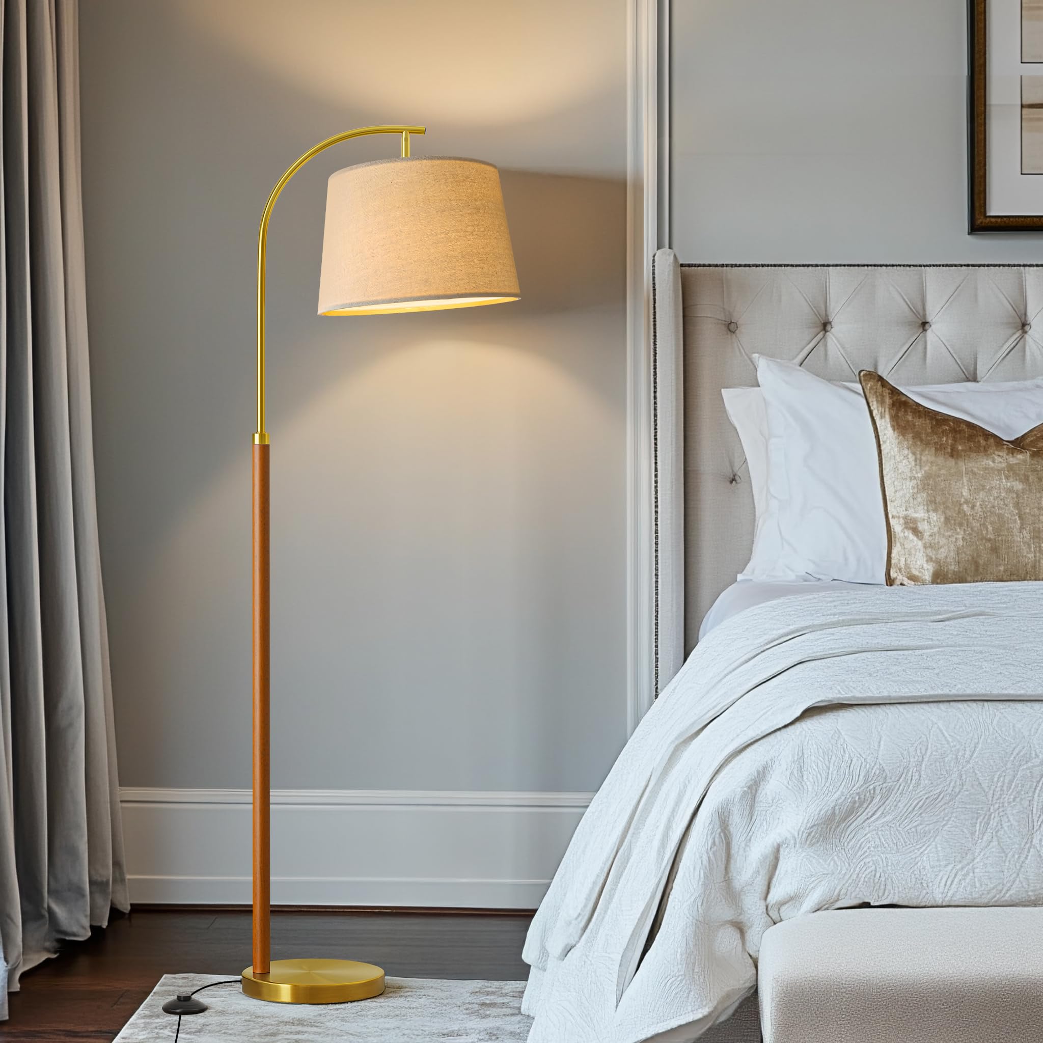 G-SAFAVA 62.5" Gold Arc Floor Lamp - Dimmable, Remote Control, Wood & Iron, Model 1169, Modern Design for Living Room & Office