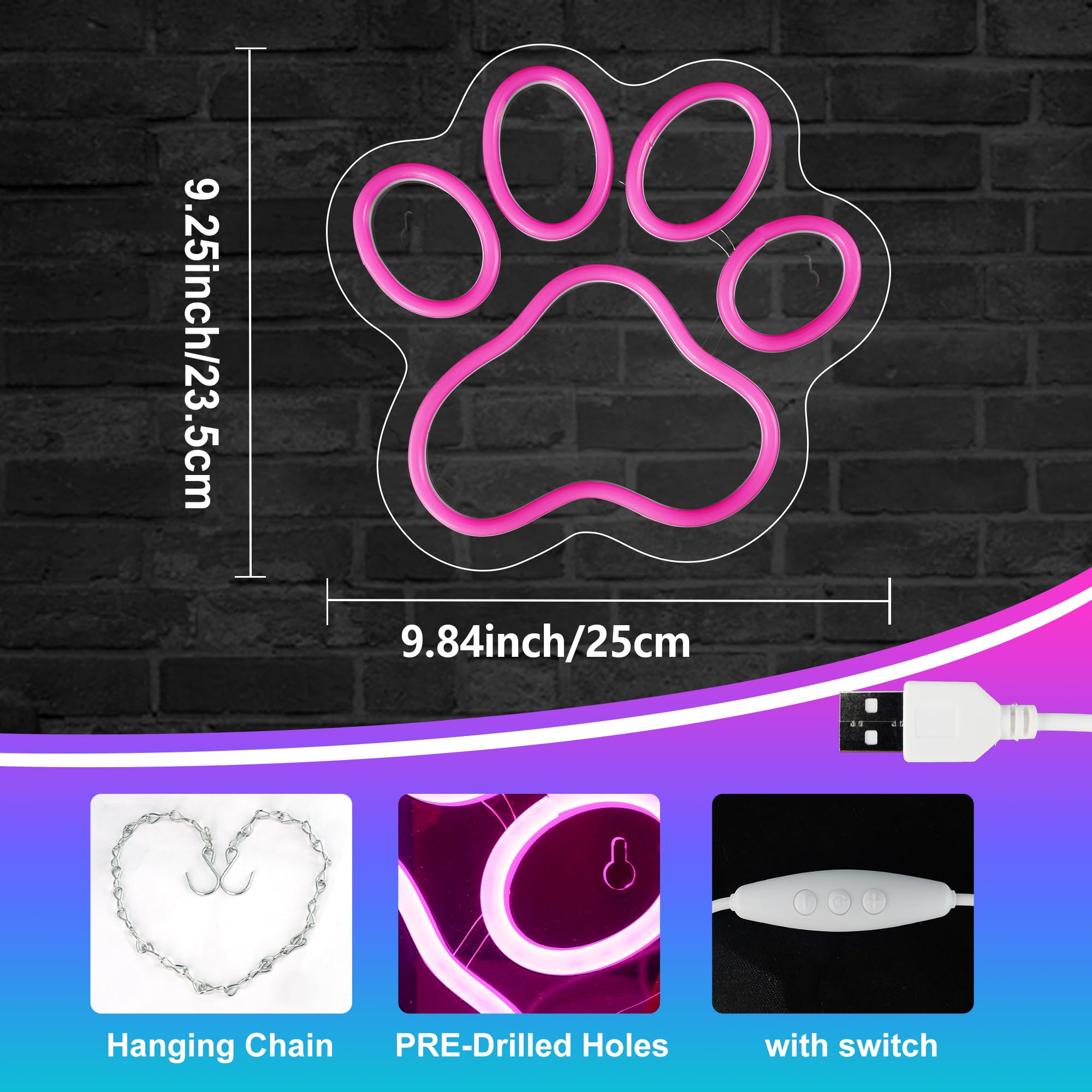 Aslanka Dog Paw Neon Led Sign  Dimmable Paw Neon Light For Wall Decor  Usb Powered Neon Light Sign For Bedroom Dog House Esthetics Wall Art-Pink