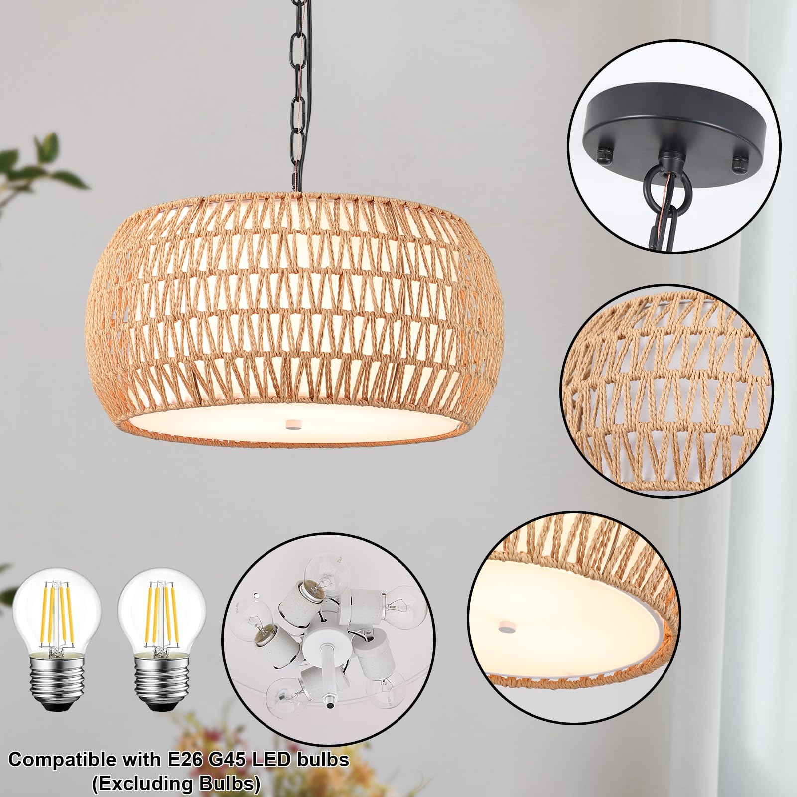 MEIXISUE Boho Rattan Chandelier, 5-Light Drum Pendant, 18" Natural Fabric Shade, UL Listed for Dining Room & Kitchen Island