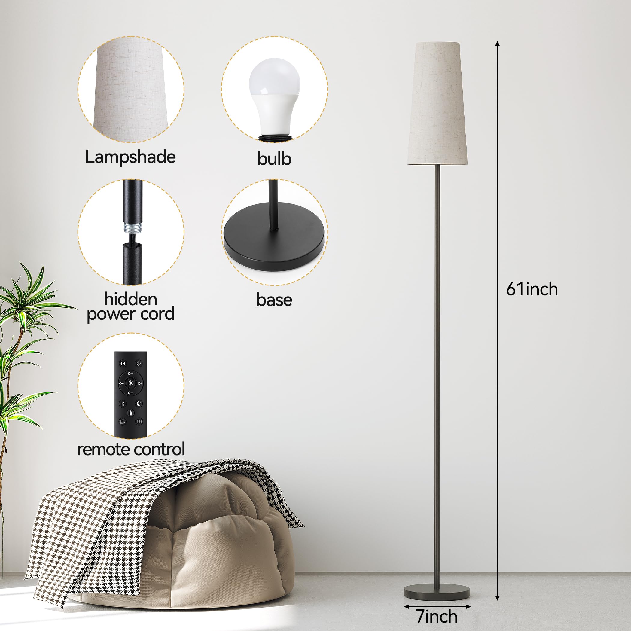 Sunmory Floor Lamps For Living Room/Bedroom/Office, Standing Lamp With Remote Control, Dimmable Tall Lamp, Suitable For Modern/B