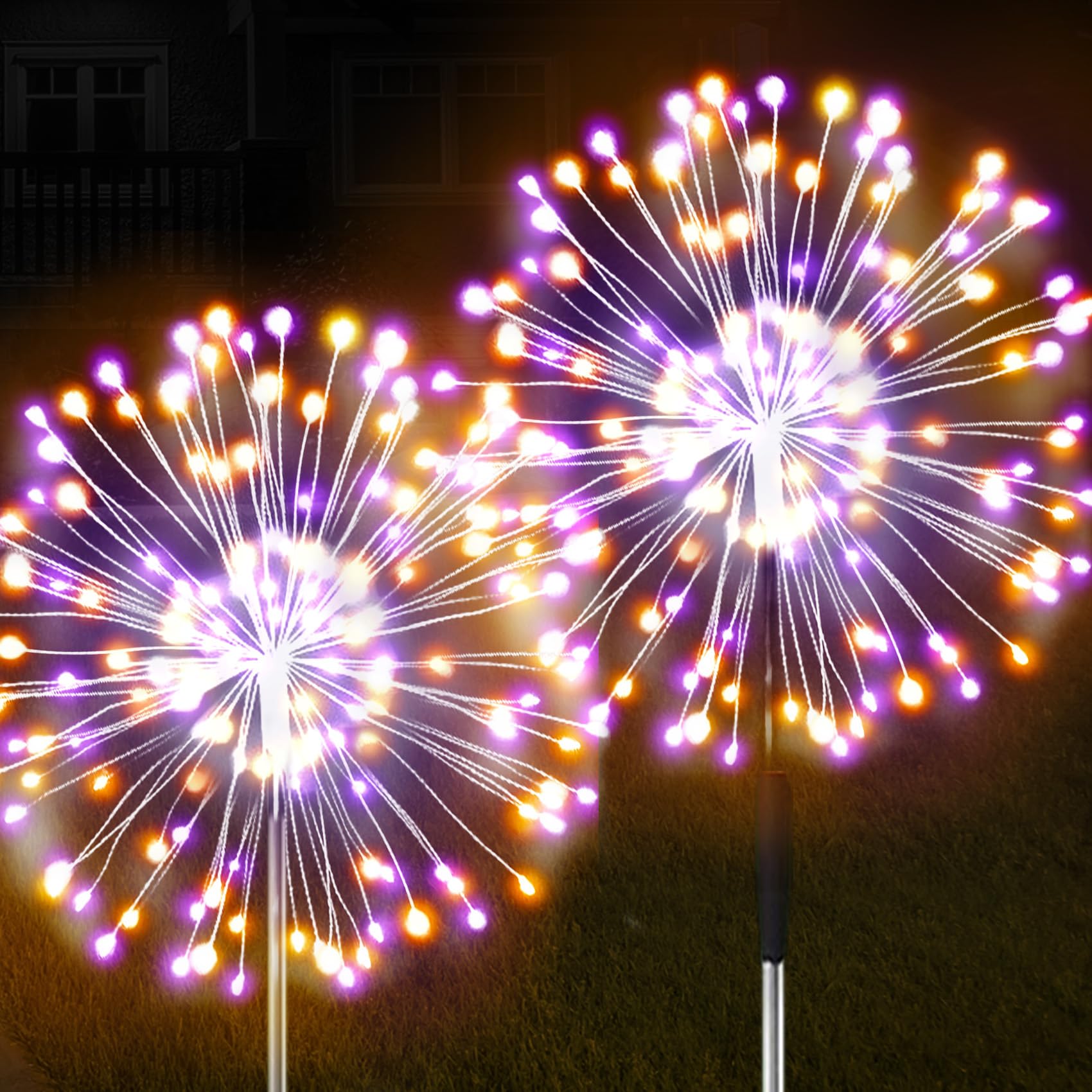 JJGoo Solar Firework Lights, 2 Pack, 120 LEDs, Waterproof, Orange & Purple, Model K5001L