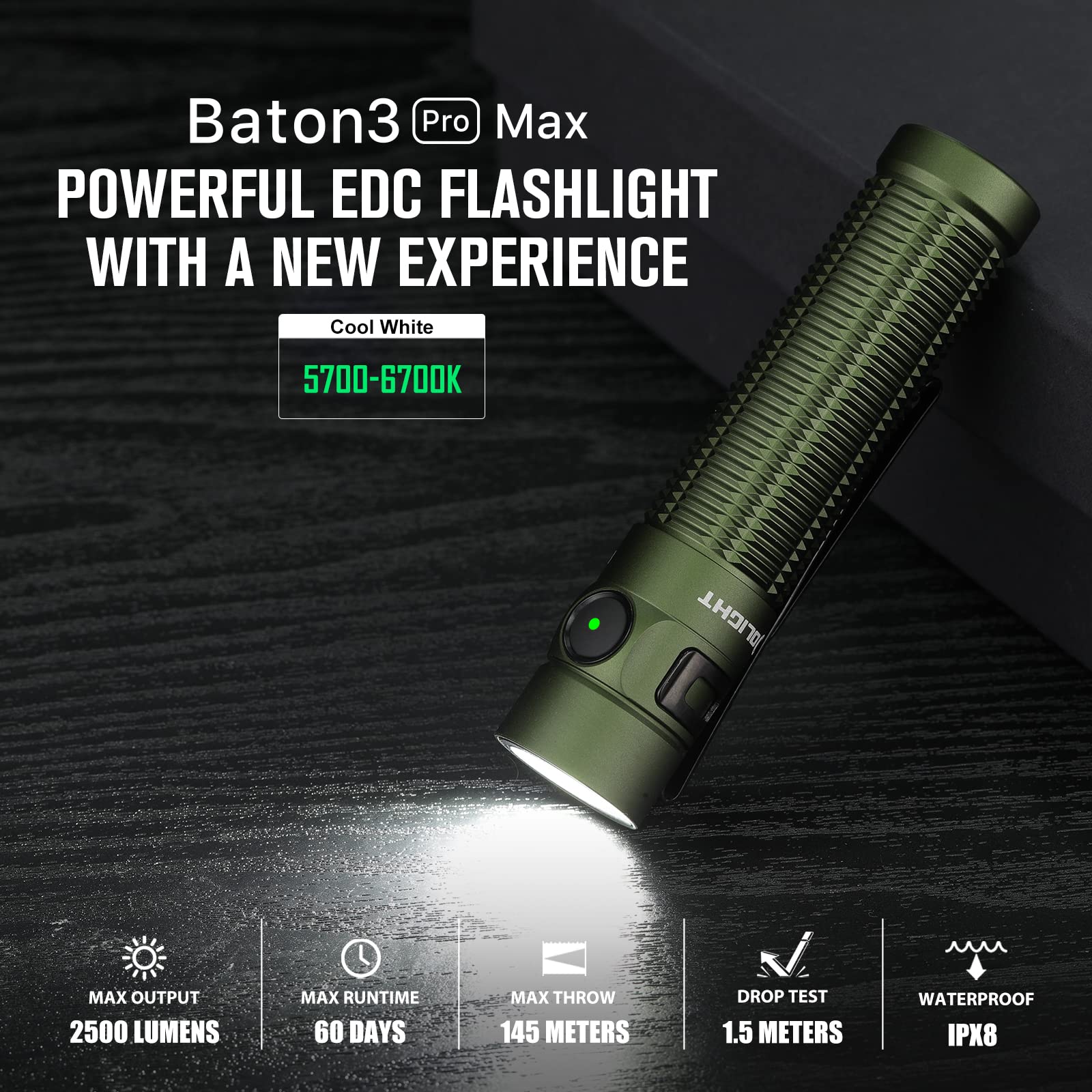 Olight Baton3 Pro Max 2500 Lumens Rechargeable Compact Edc Flashlights With Safety Proximity Sensor, Pocket Light For Camping, H