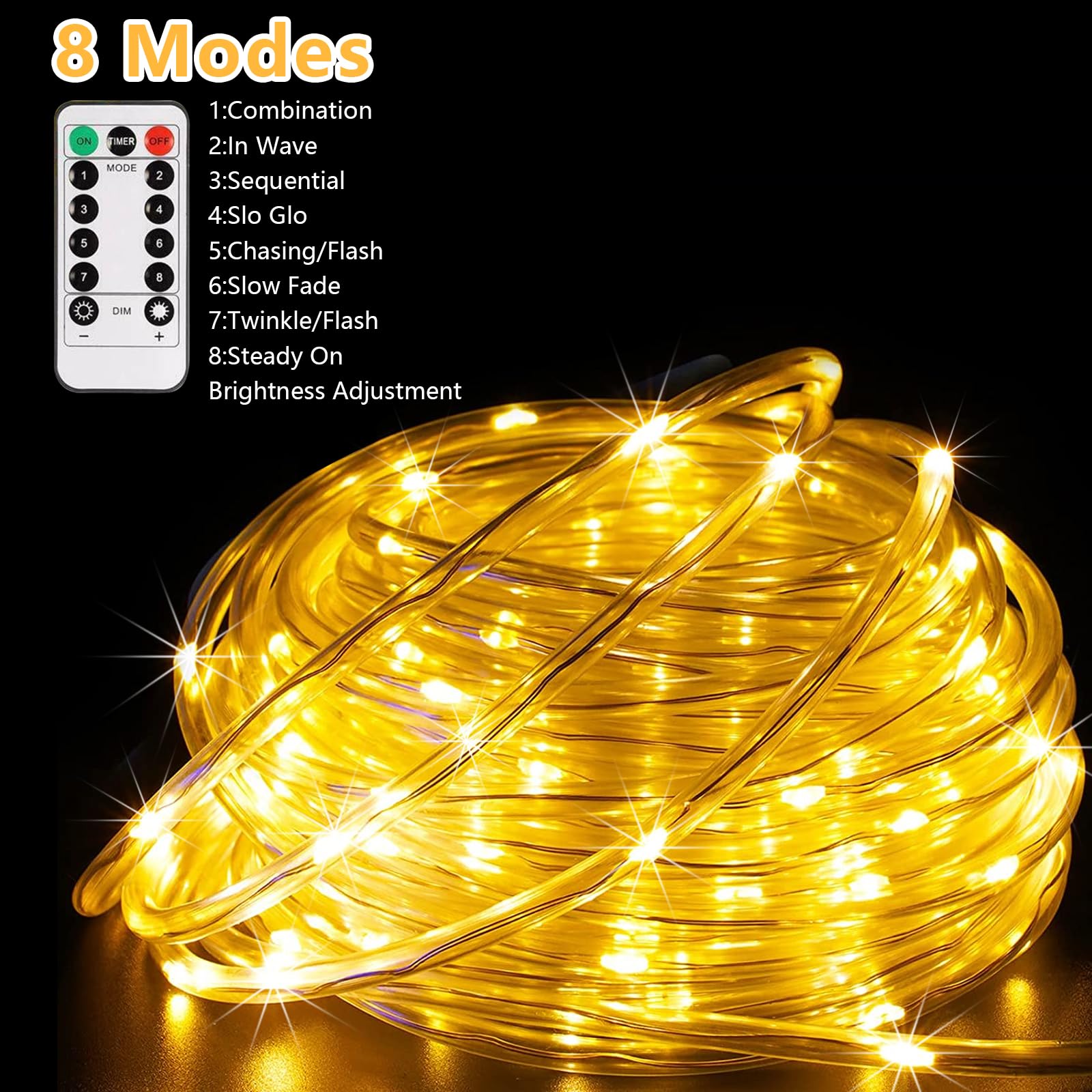 Bebrant Led Rope Lights Battery Operated String Lights-40Ft 120 Leds 8 Modes Outdoor Waterproof Fairy Lights Dimmable/Timer With Remote For Camping Party Garden Holiday Decoration(Warm 2 Pack)