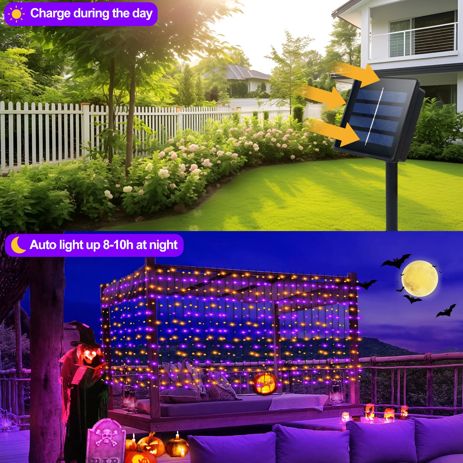 Dbfairy Purple Orange Solar Halloween Curtain Lights 300 Led 19.6Ft X 3.3Ft Waterproof 8 Modes For Outdoor Decoration