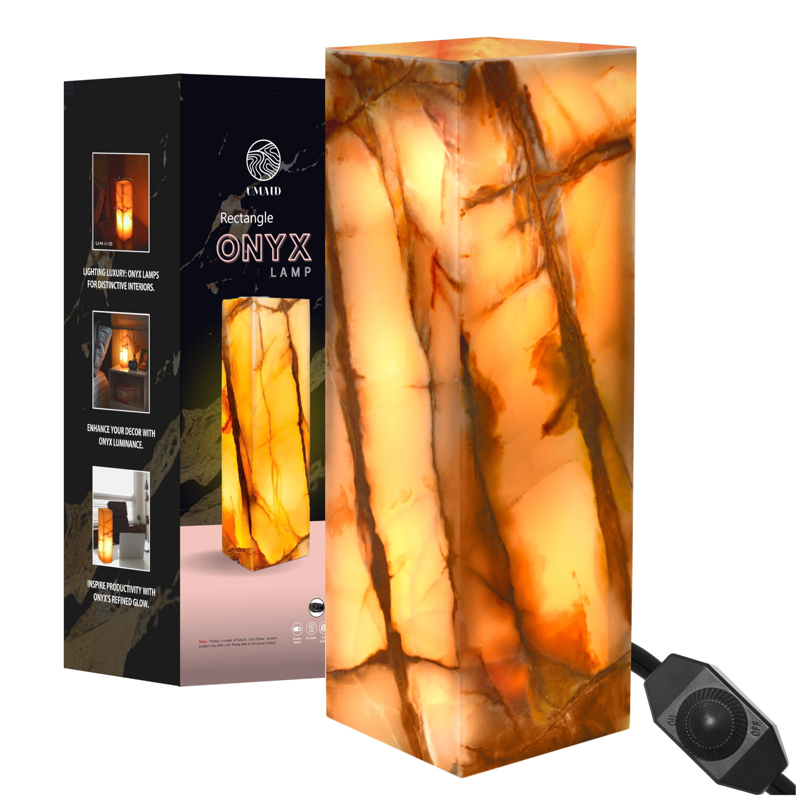 Umaid Elegant Handcrafted Onyx Marble Table Lamp, Warm Amber Glow, Relaxing Table Lamp For Office, Bedroom, Living Room, And Bedside, Includes Bulb & Dimmable Cord, Unique Home Decor Gifts (Rectangle)